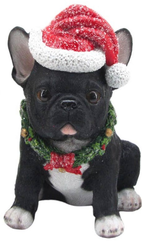 Frenchie Dog with Santa Hat & Neck Tie (20 Cm) - Christmas Decoration