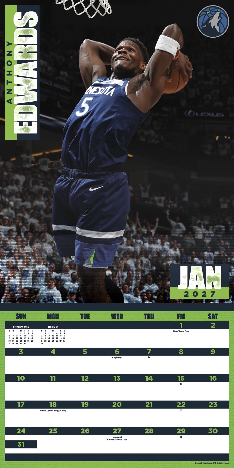 2027 NBA Dunks square wall calendar inside monthly layout