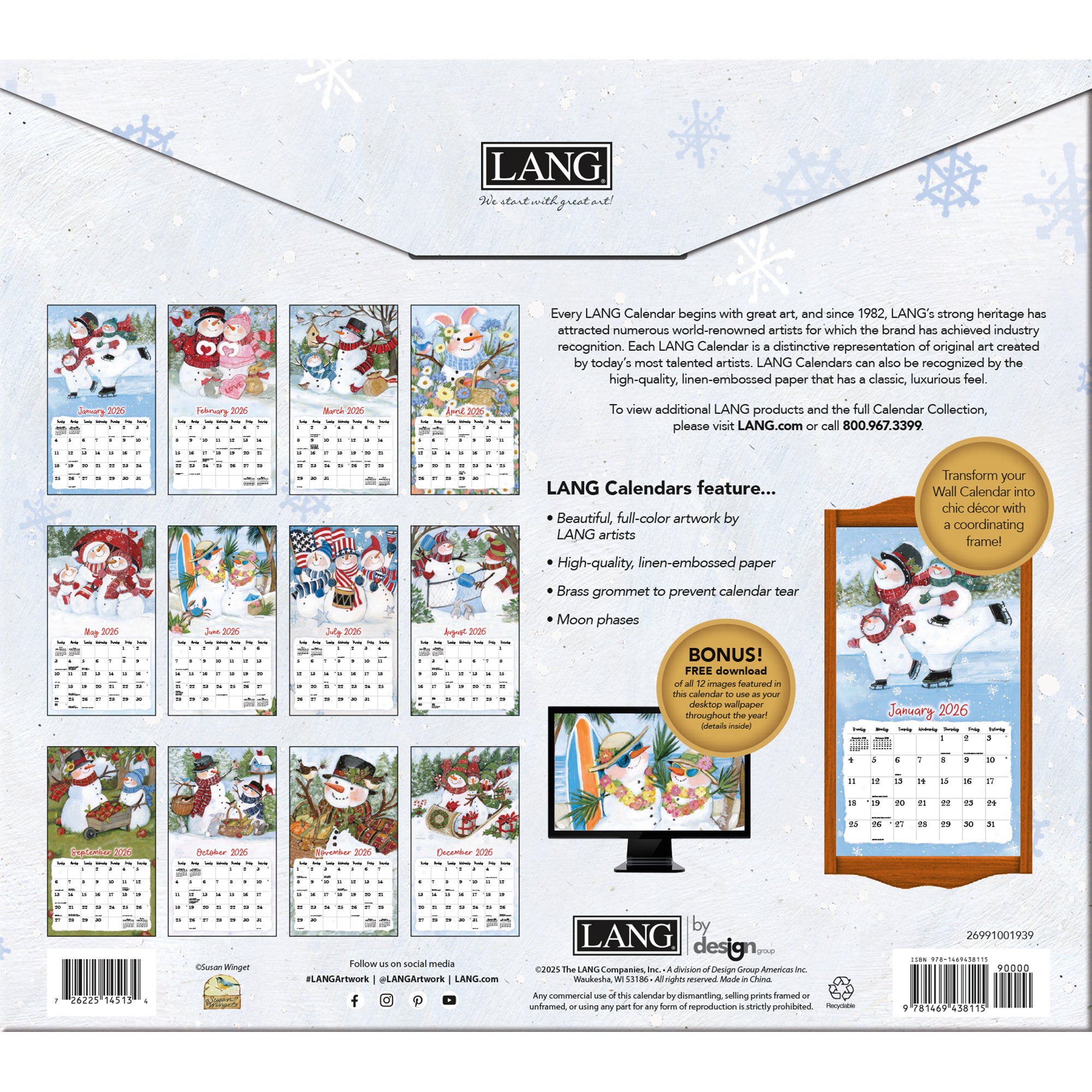 2026 LANG Sam Snowman - Deluxe Wall Calendar