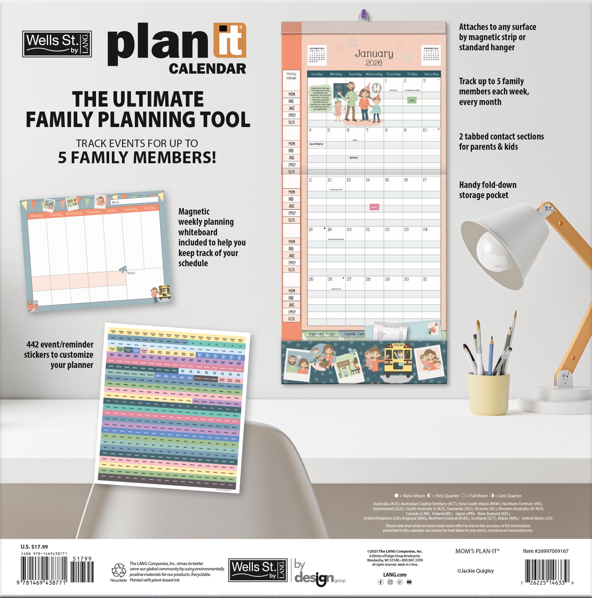 2026 LANG Moms - Plan It Plus Magnetic Square Wall Calendar