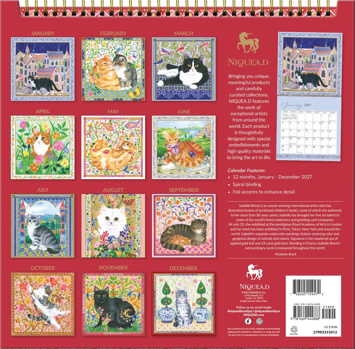 2027 Loving Cats - Spiral Square Wall Calendar