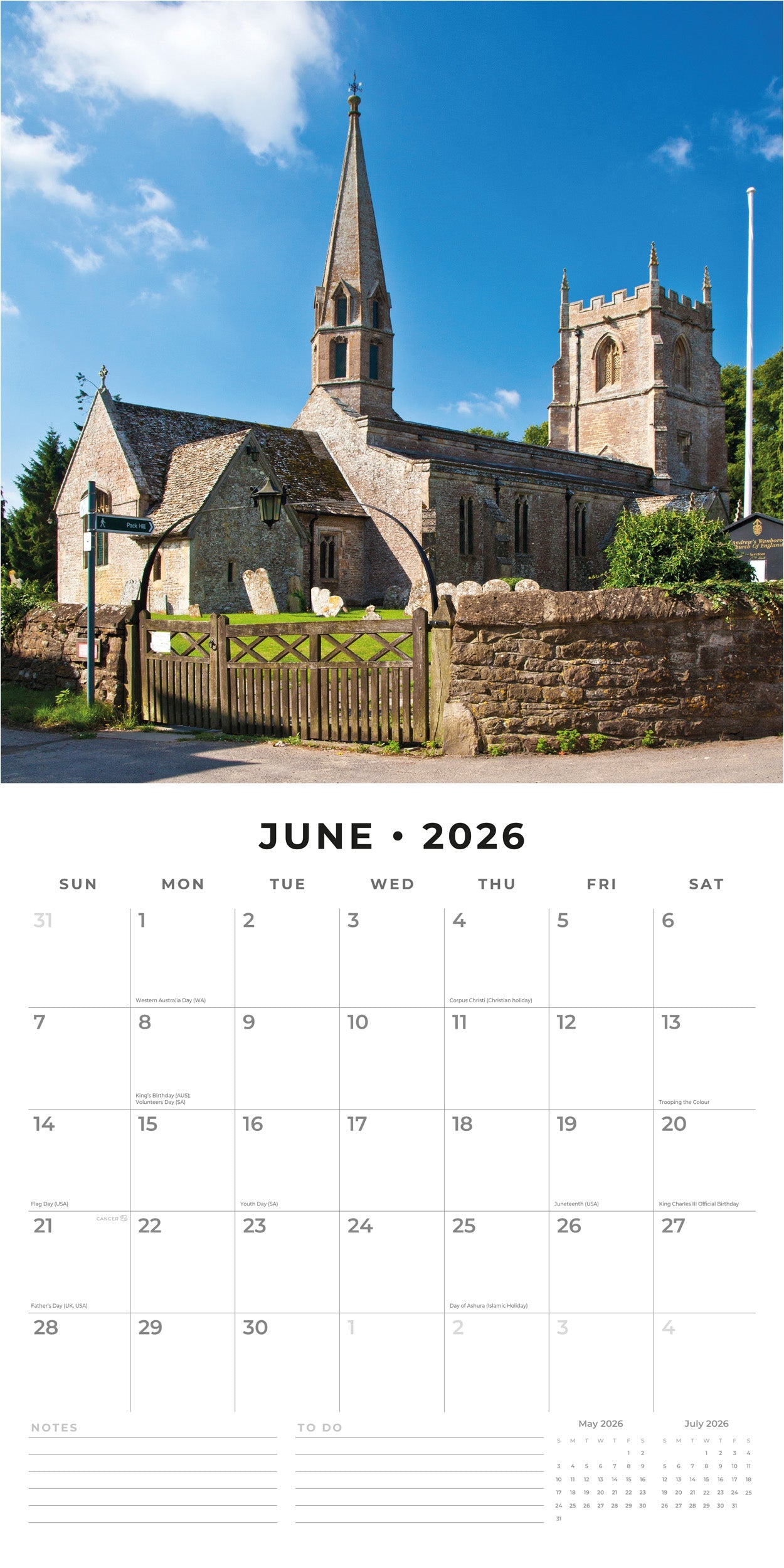 2026 Country Churches - Square Wall Calendar