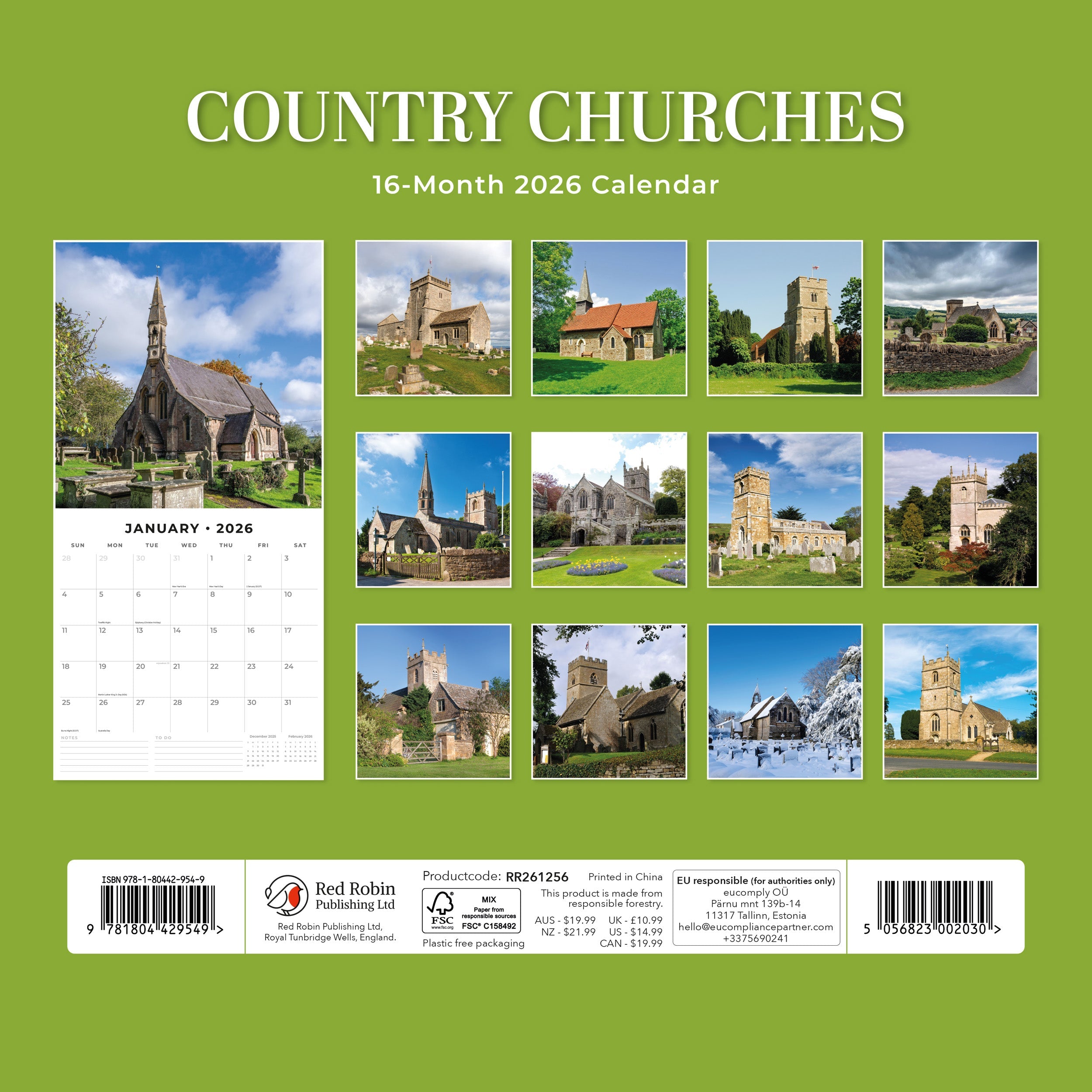 2026 Country Churches - Square Wall Calendar