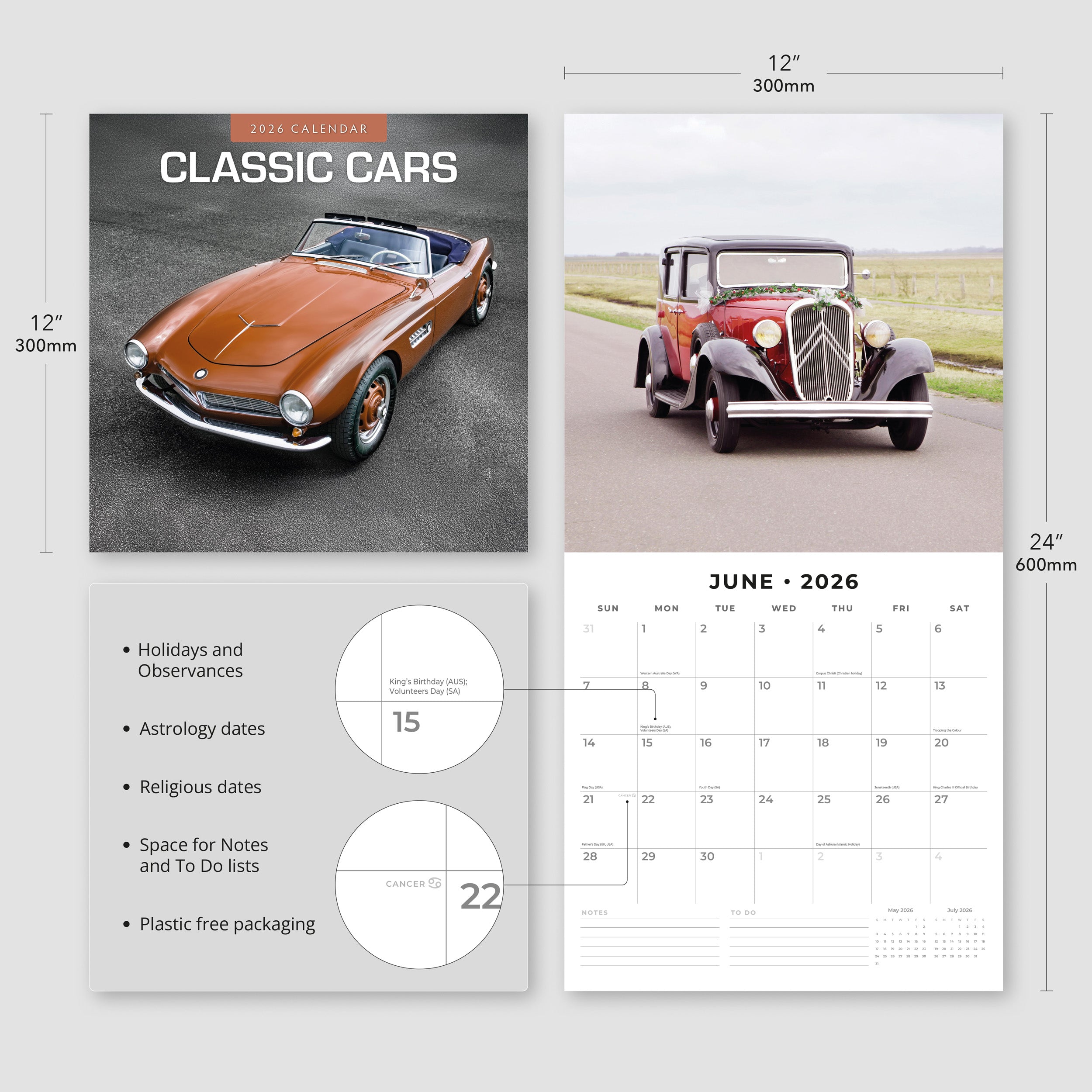 2026 Classic Cars - Square Wall Calendar