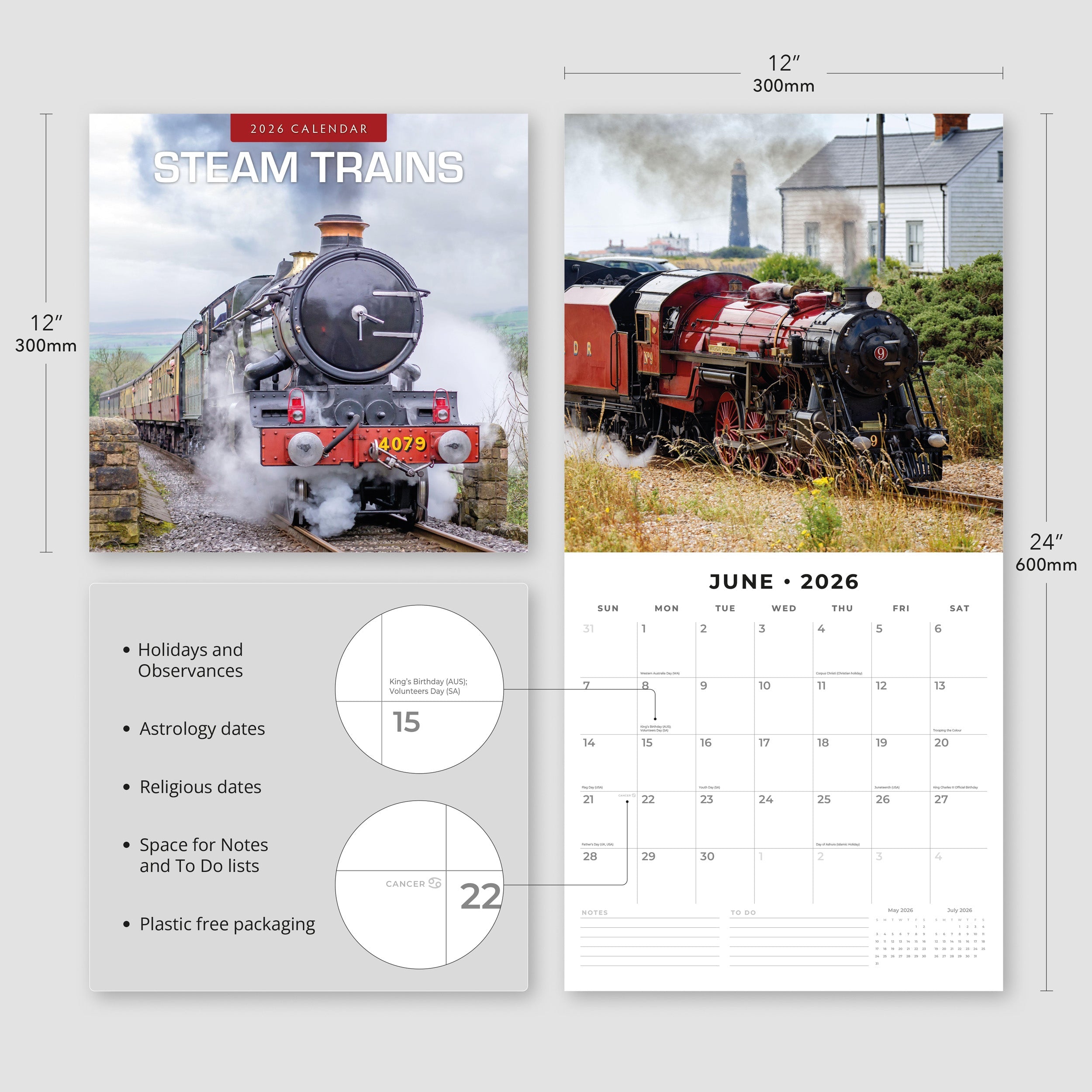 2026 Steam Trains - Square Wall Calendar