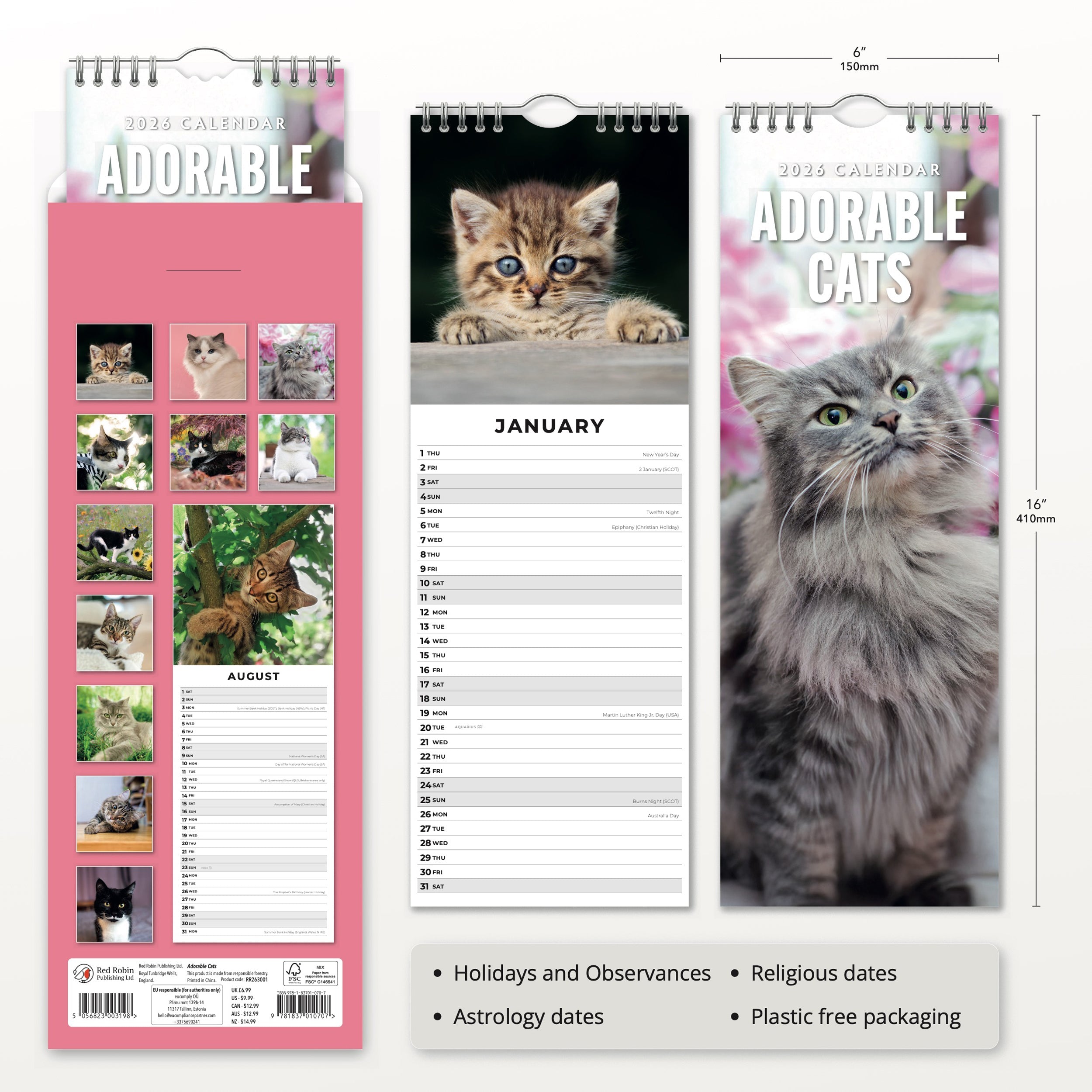 2026 Adorable Cats - Slim Wall Calendar
