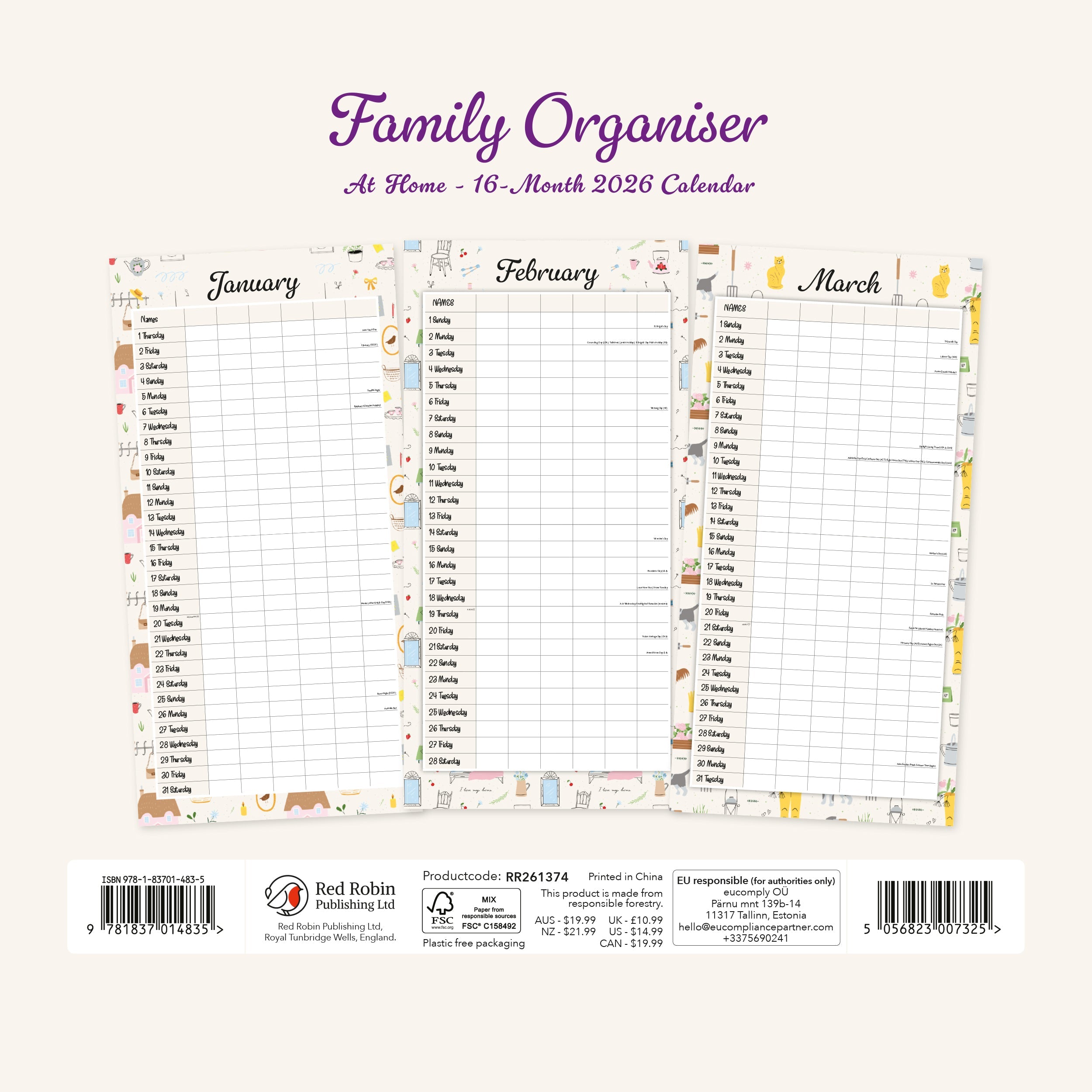 2026 Family Organiser - At Home - Square Wall Calendar