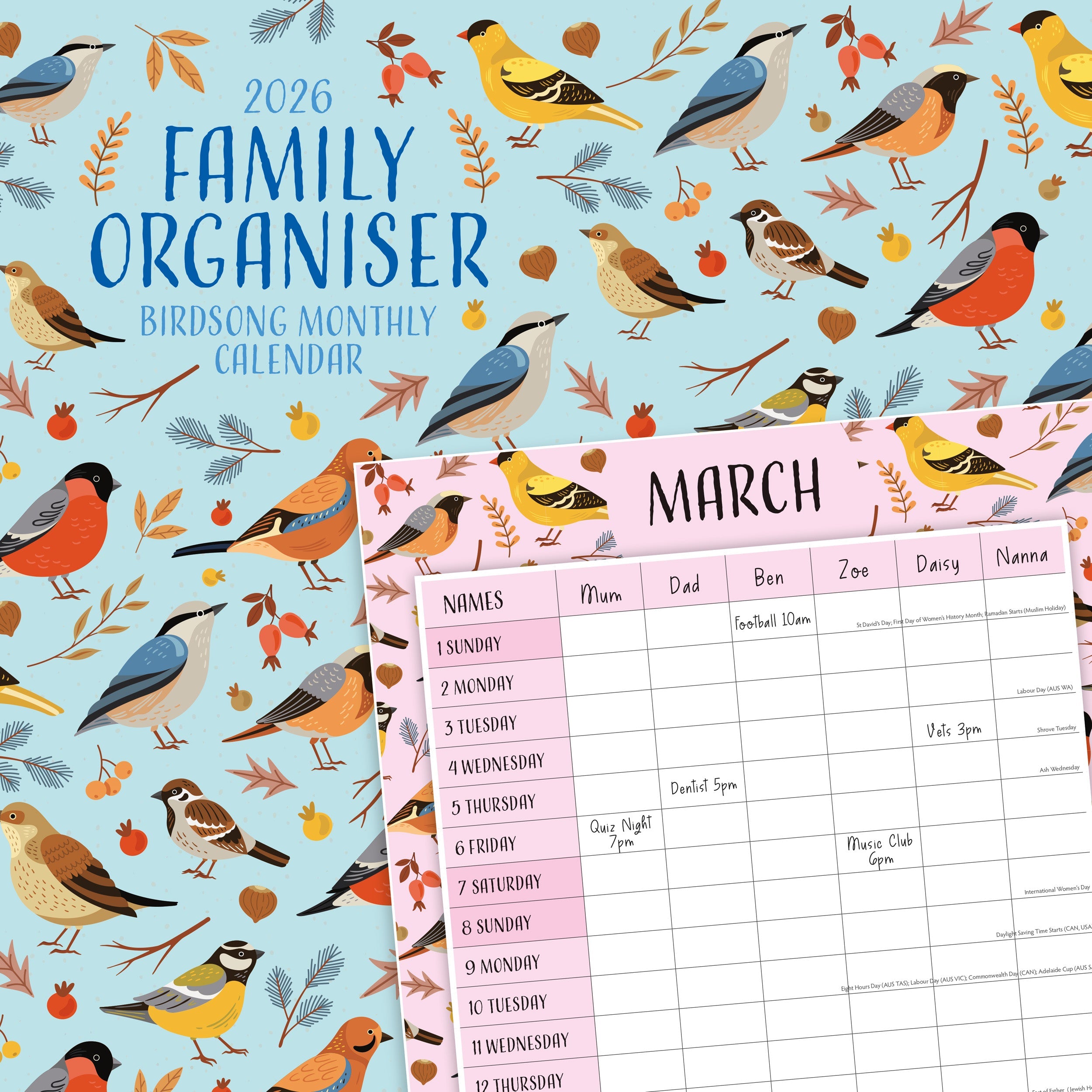 2026 Family Organiser - Birdsong - Square Wall Calendar