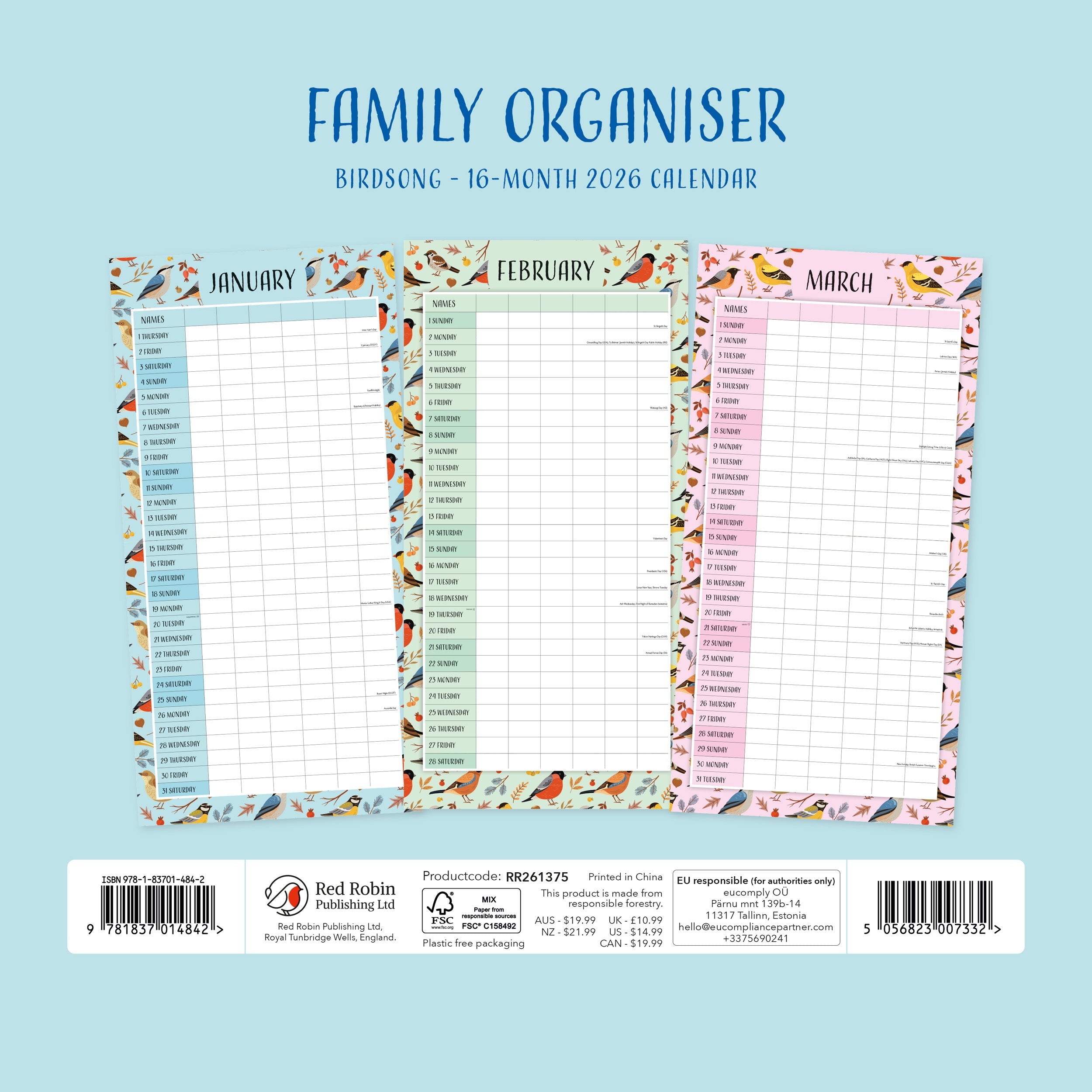 2026 Family Organiser - Birdsong - Square Wall Calendar