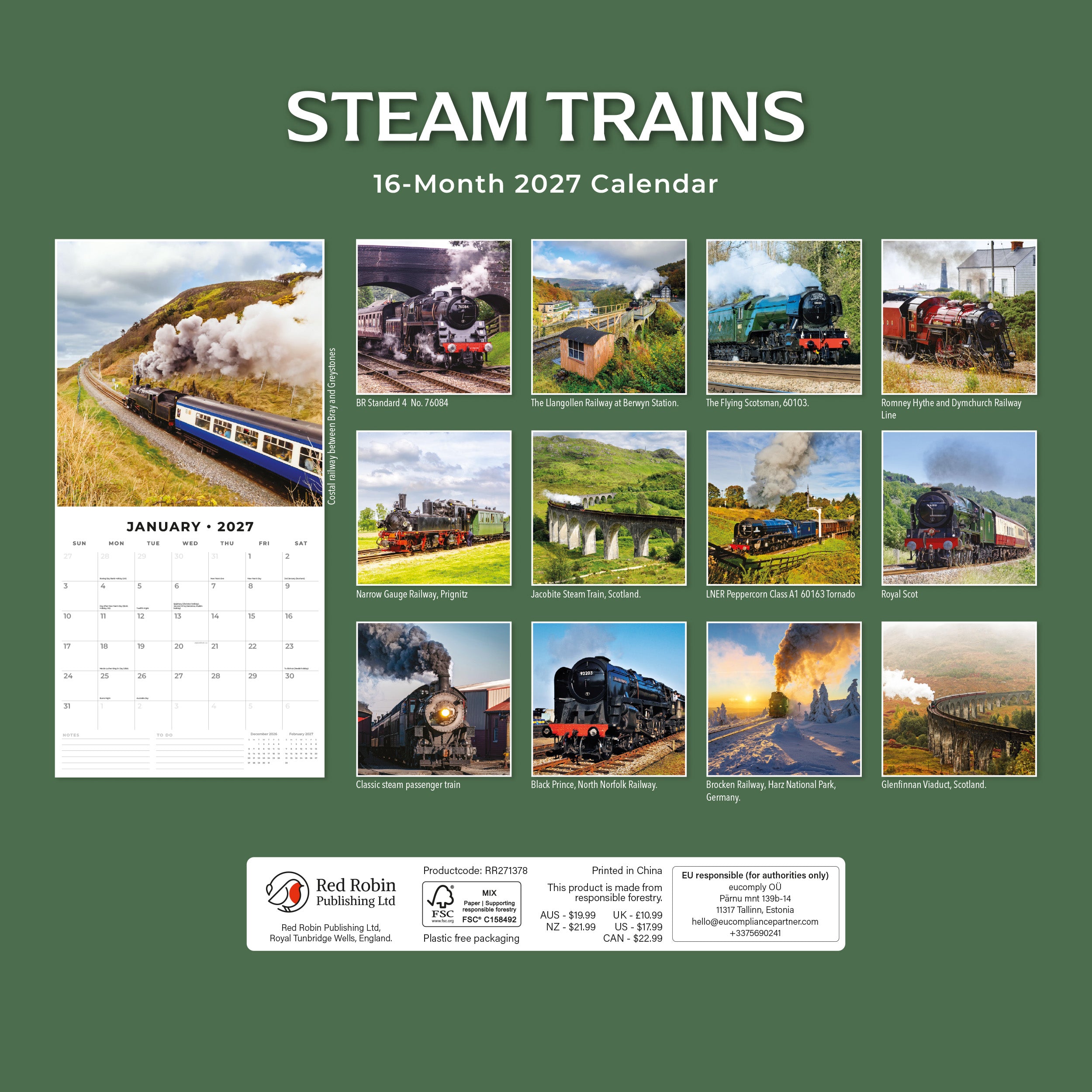 2027 Steam Trains - Square Wall Calendar