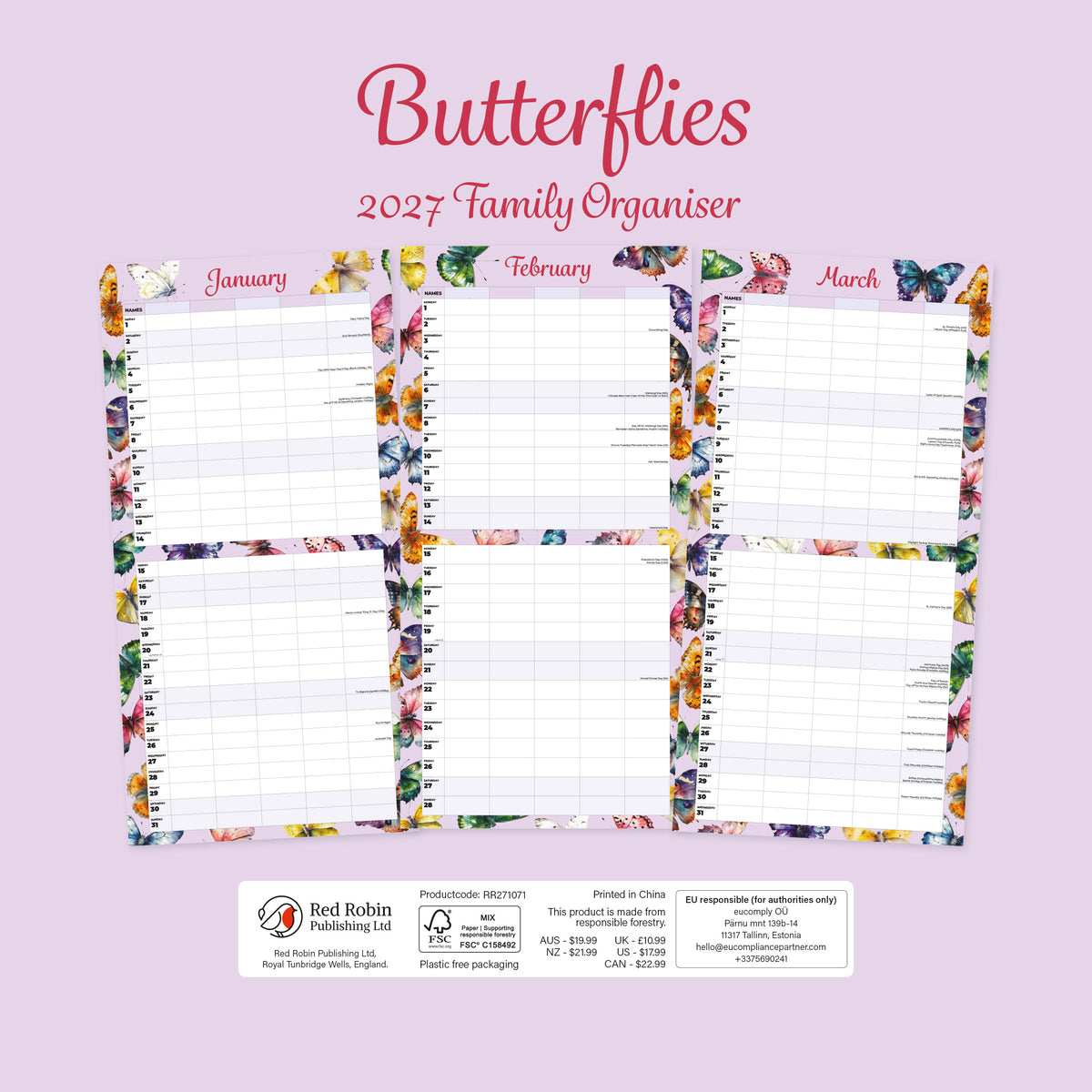 2027 Butterflies (Family Planner) - Square Wall Calendar