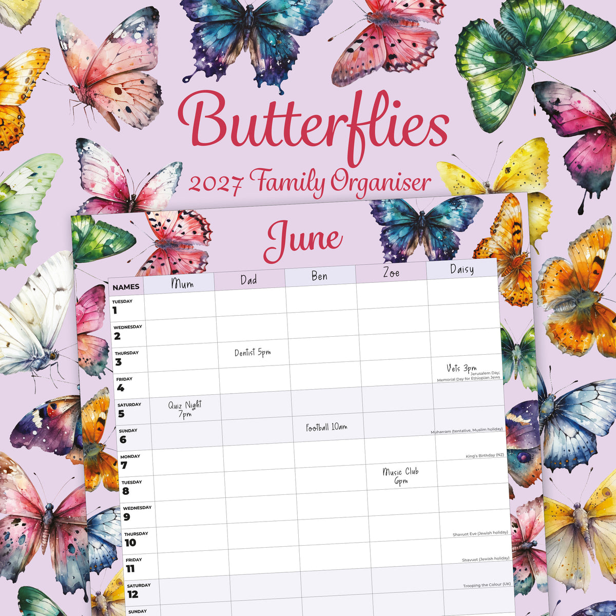 2027 Butterflies (Family Planner) - Square Wall Calendar