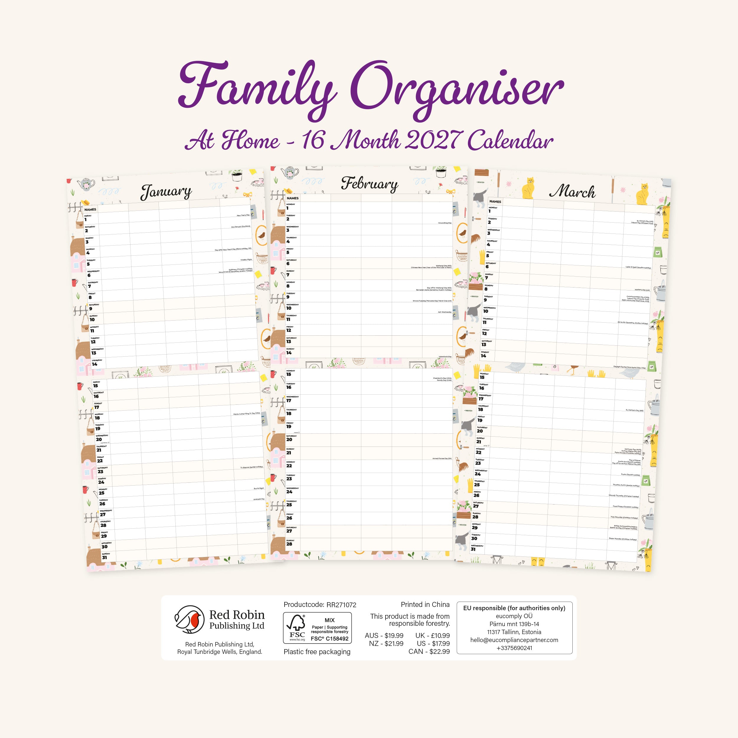 2027 Family Organiser - At Home - Square Wall Calendar