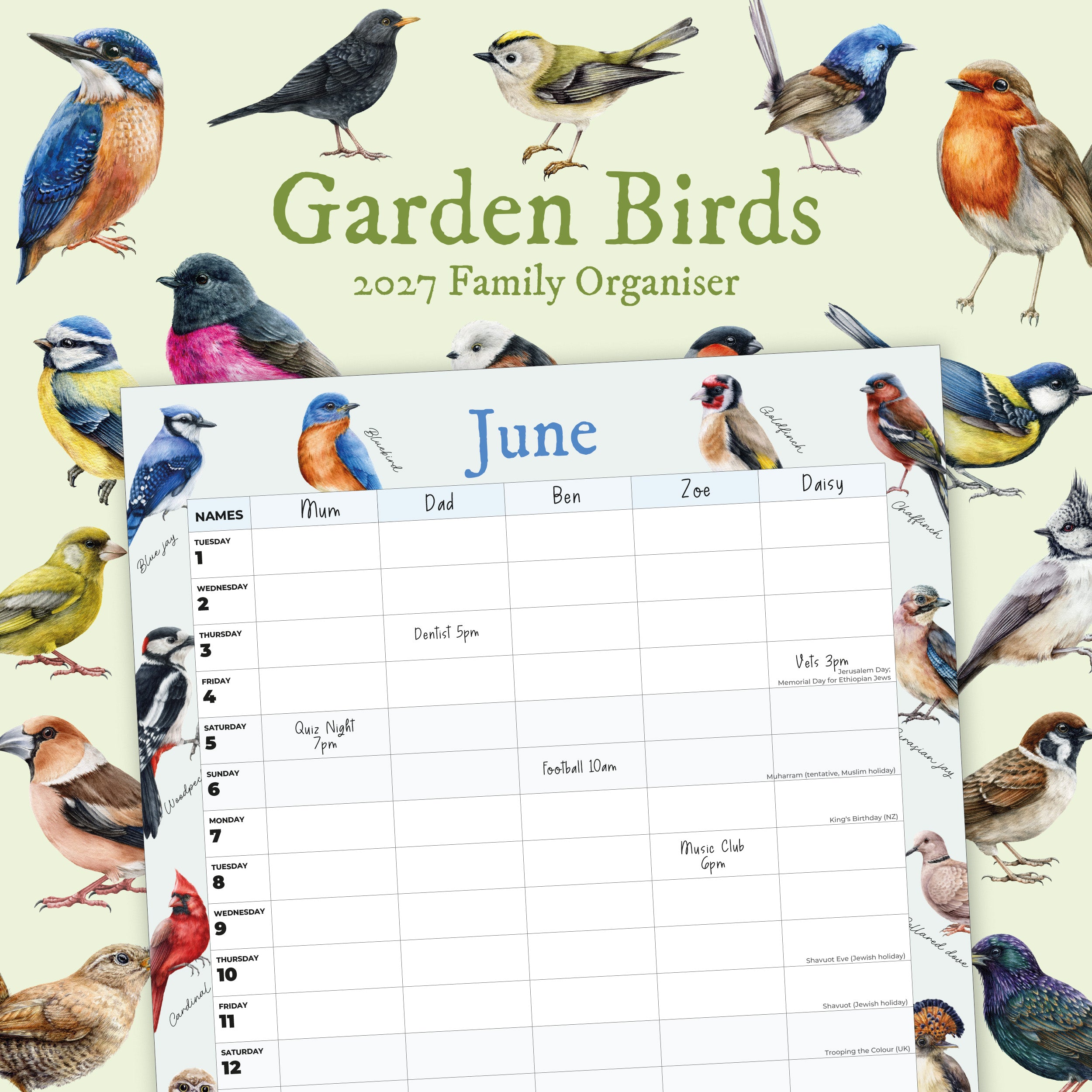 2027 Garden Birds Family Organiser - Square Wall Calendar