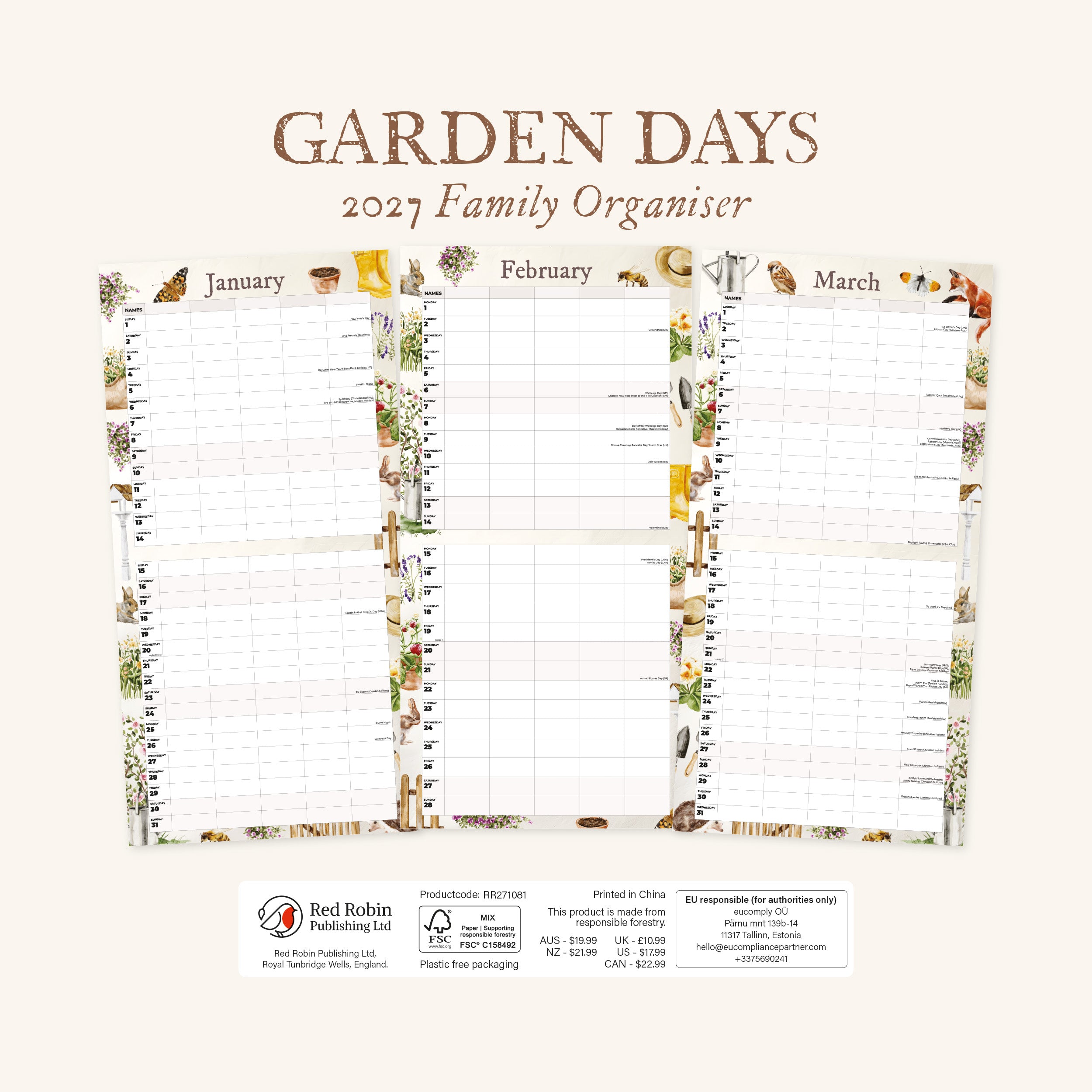 2027 Garden Days Family Organiser - Square Wall Calendar
