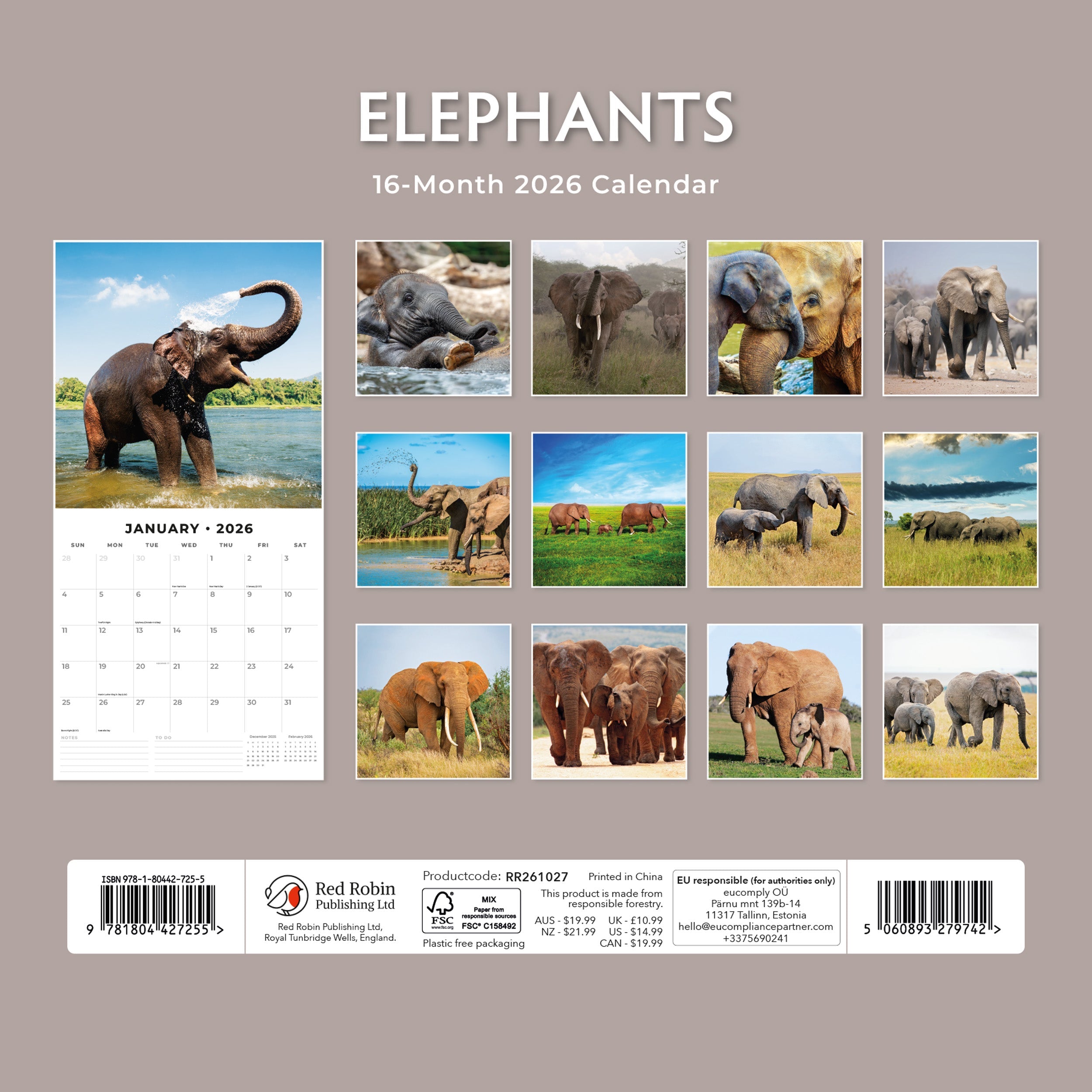 2026 Elephants - Square Wall Calendar