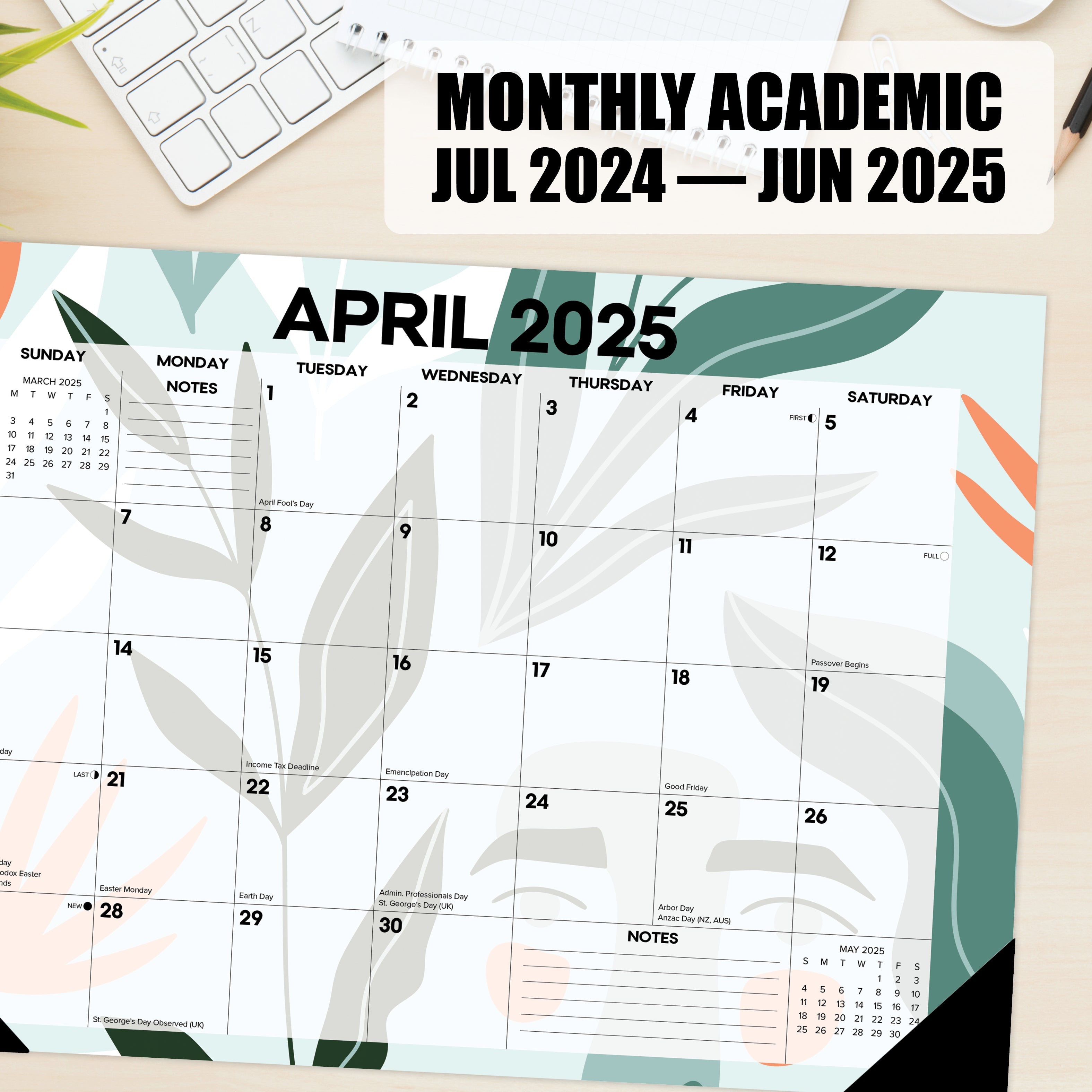 July 2024 - June 2025 Botanical Bliss - Medium Monthly Desk Pad Academic Calendar