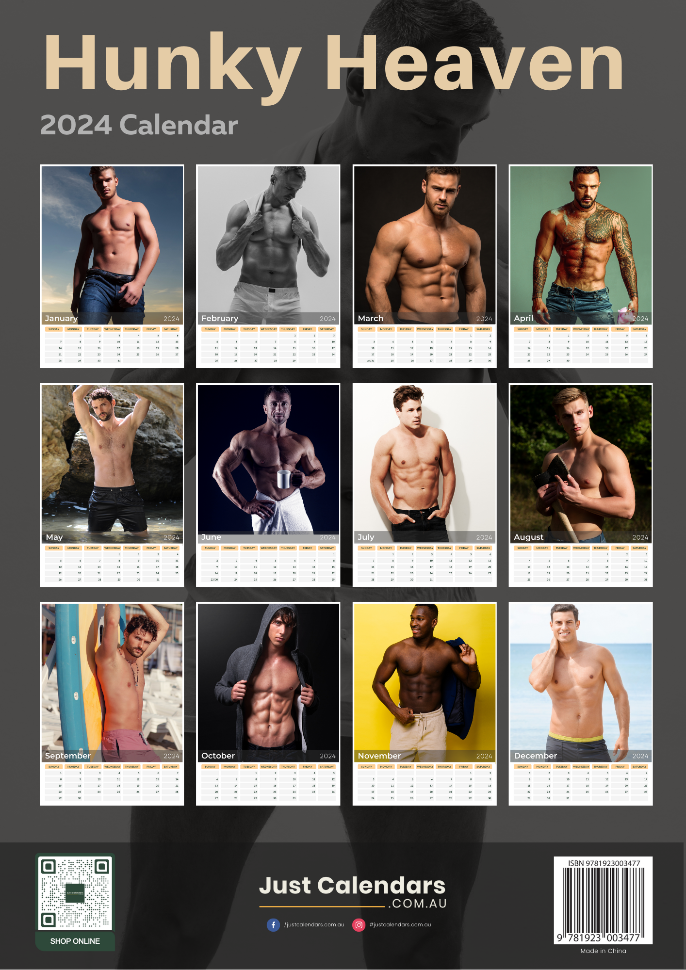2024 Hunky Heaven - A3 Wall Calendar by Just Calendars - Sexy Hot Topless Men - 12 Month