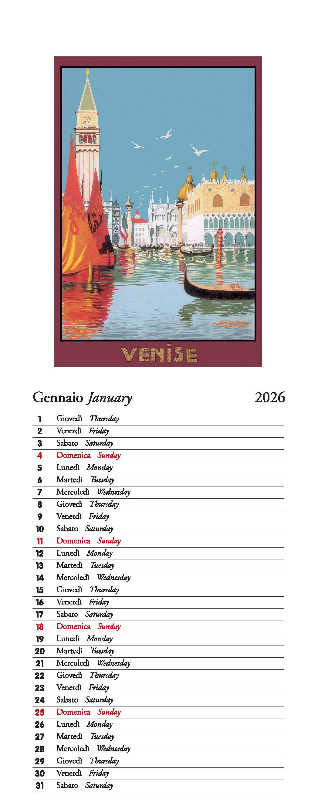 2026 Italia - Slim Wall Calendar