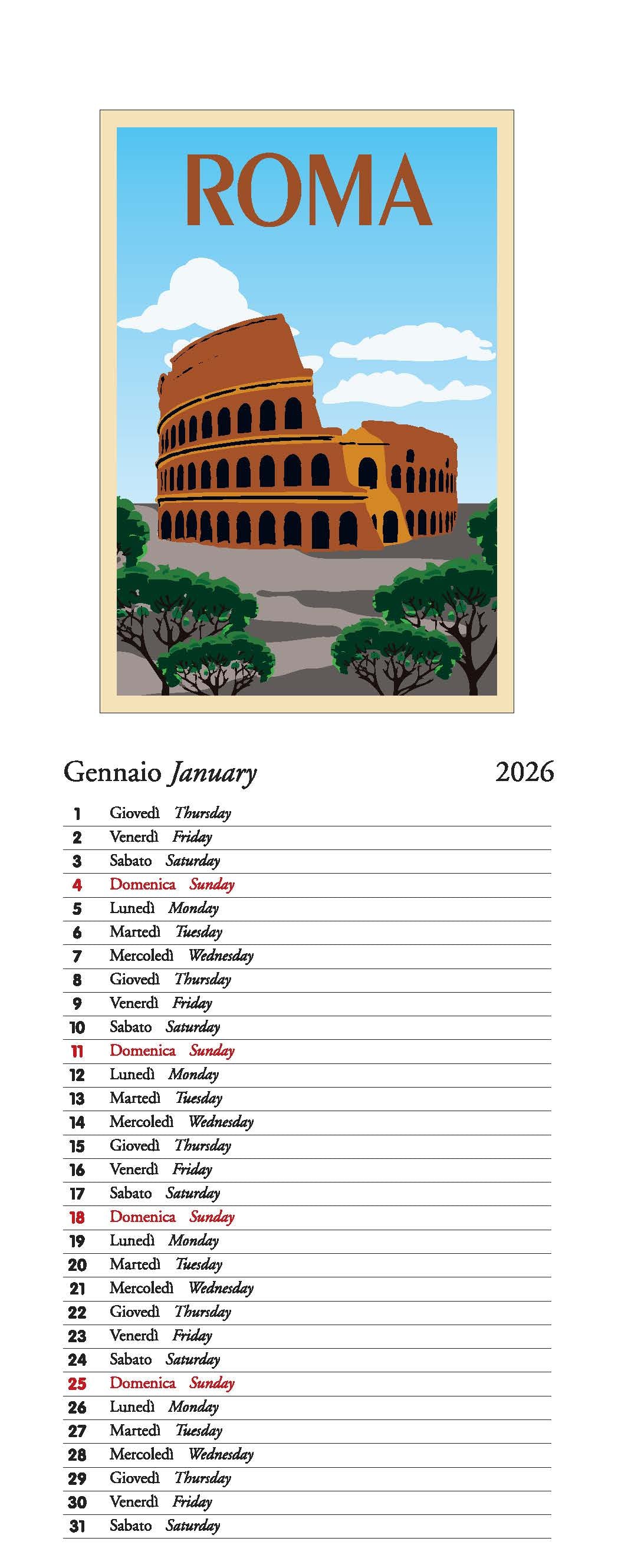 2026 Roma - Slim Wall Calendar