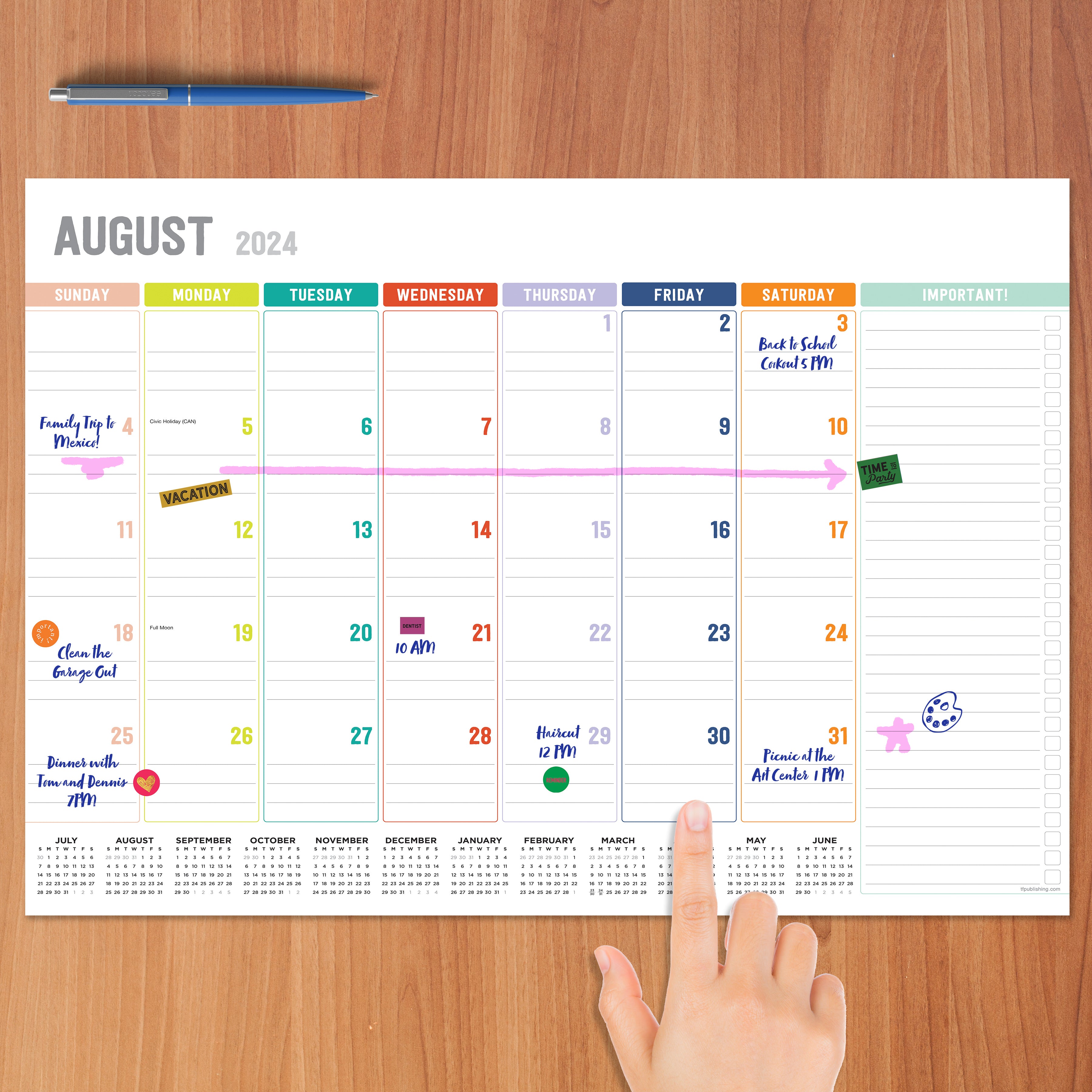 July 2024 - June 2025 Rainbow Blocks - Medium Monthly Desk Pad Blotter Academic Calendar