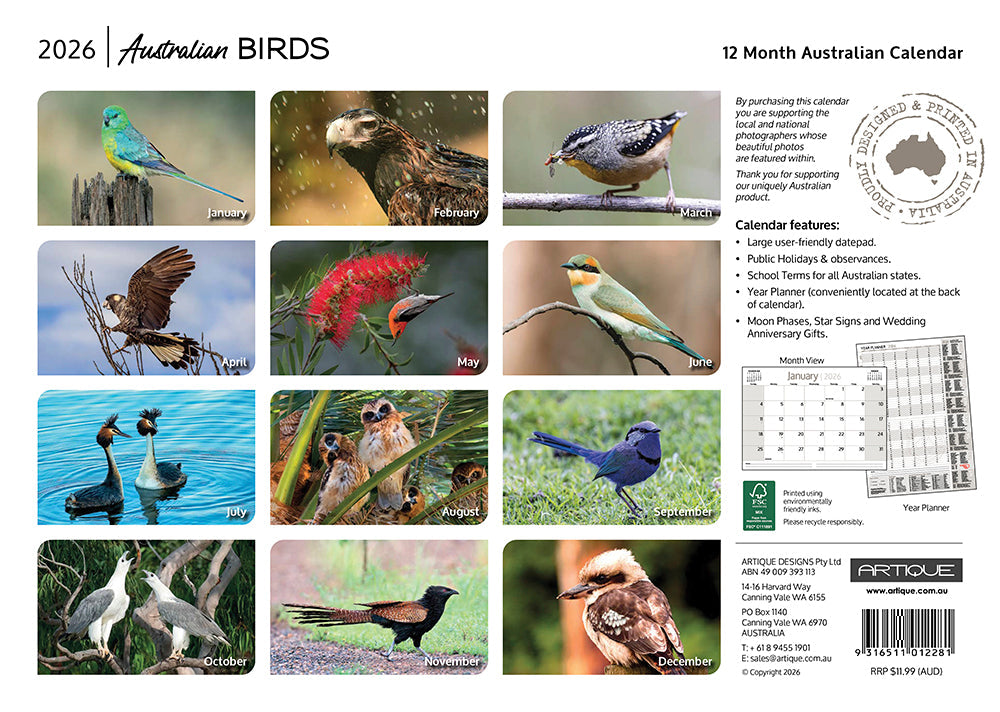 2026 Australian Birds - Horizontal Wall Calendar