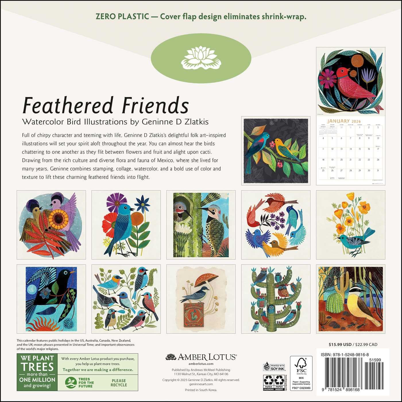 2026 Feathered Friends by Geninne D Zlatkis - Square Wall Calendar