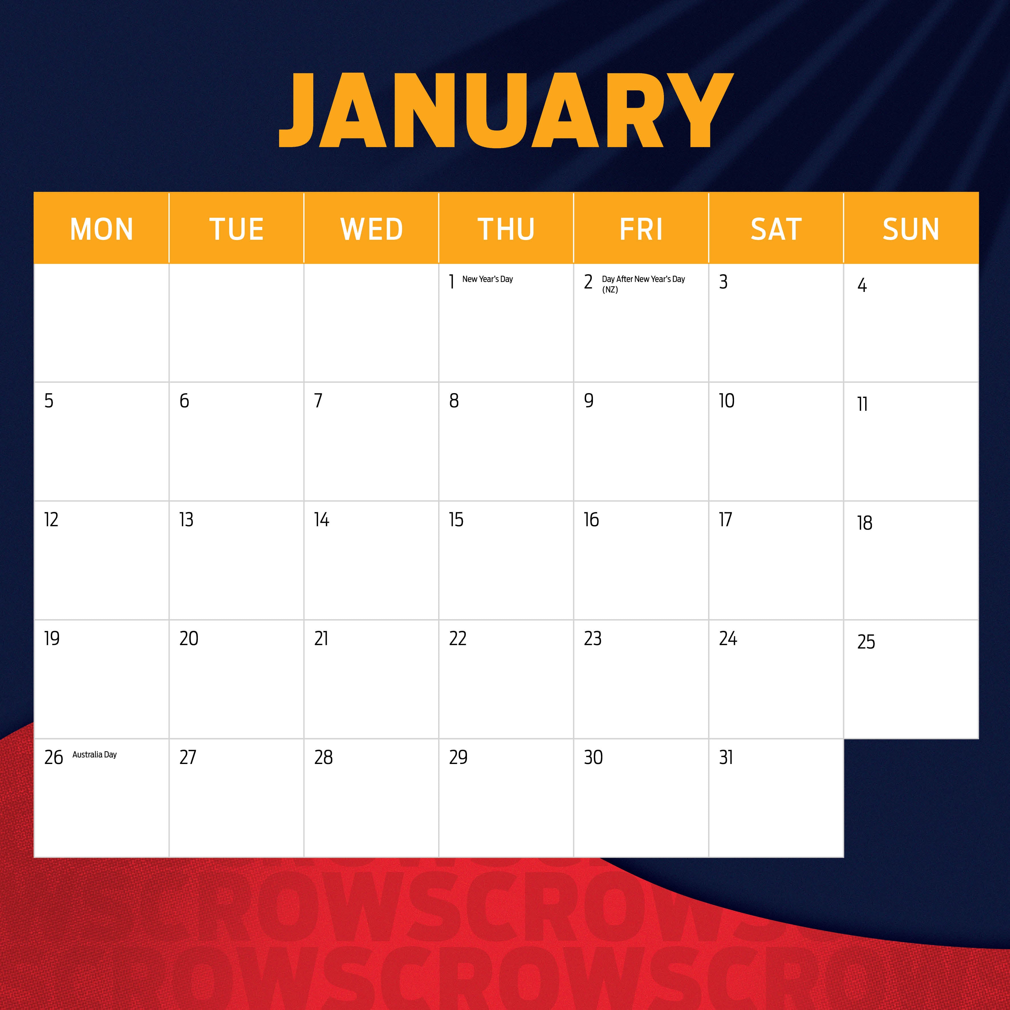 2026 AFL Adelaide Crows - Square Wall Calendar