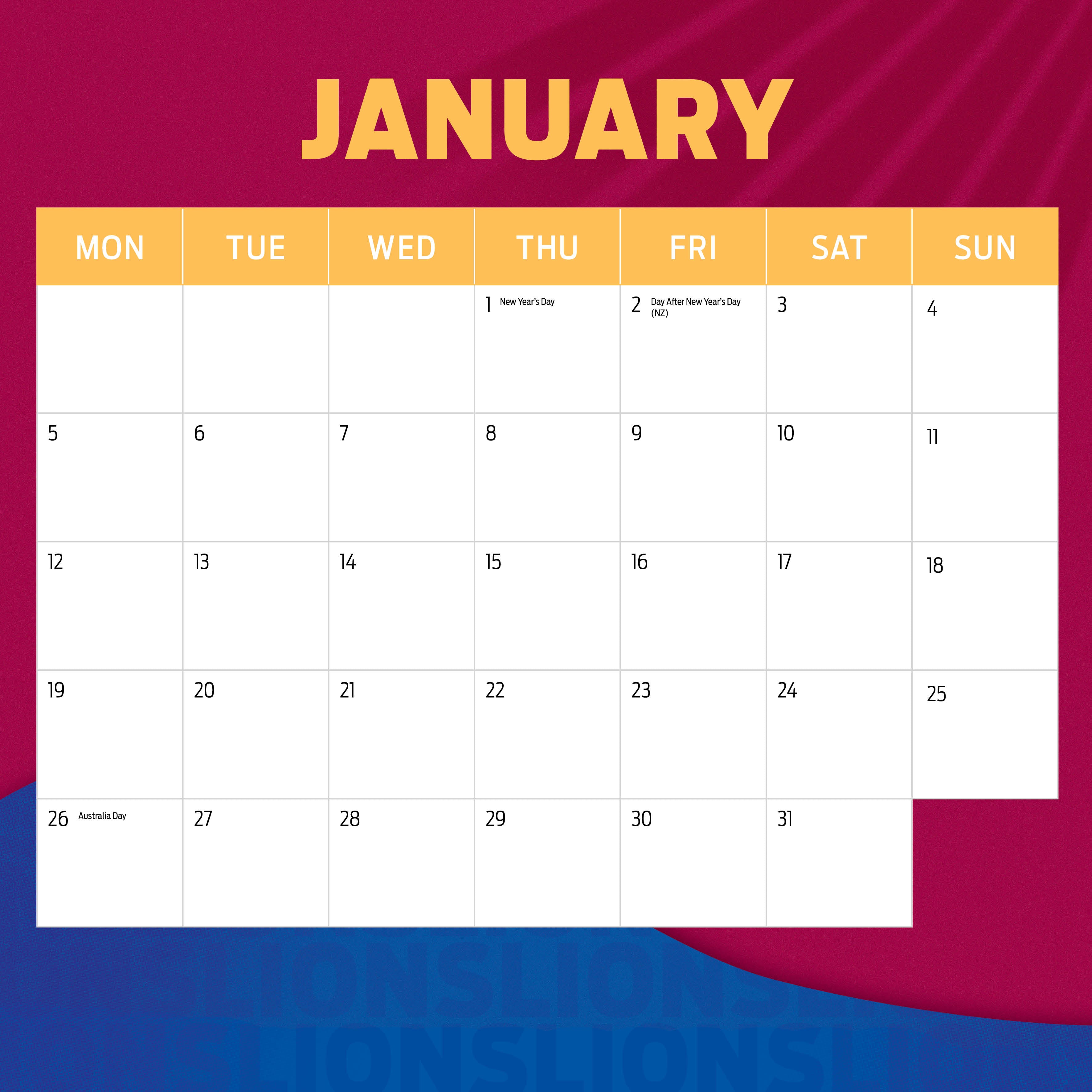 2026 AFL Brisbane Lions - Square Wall Calendar