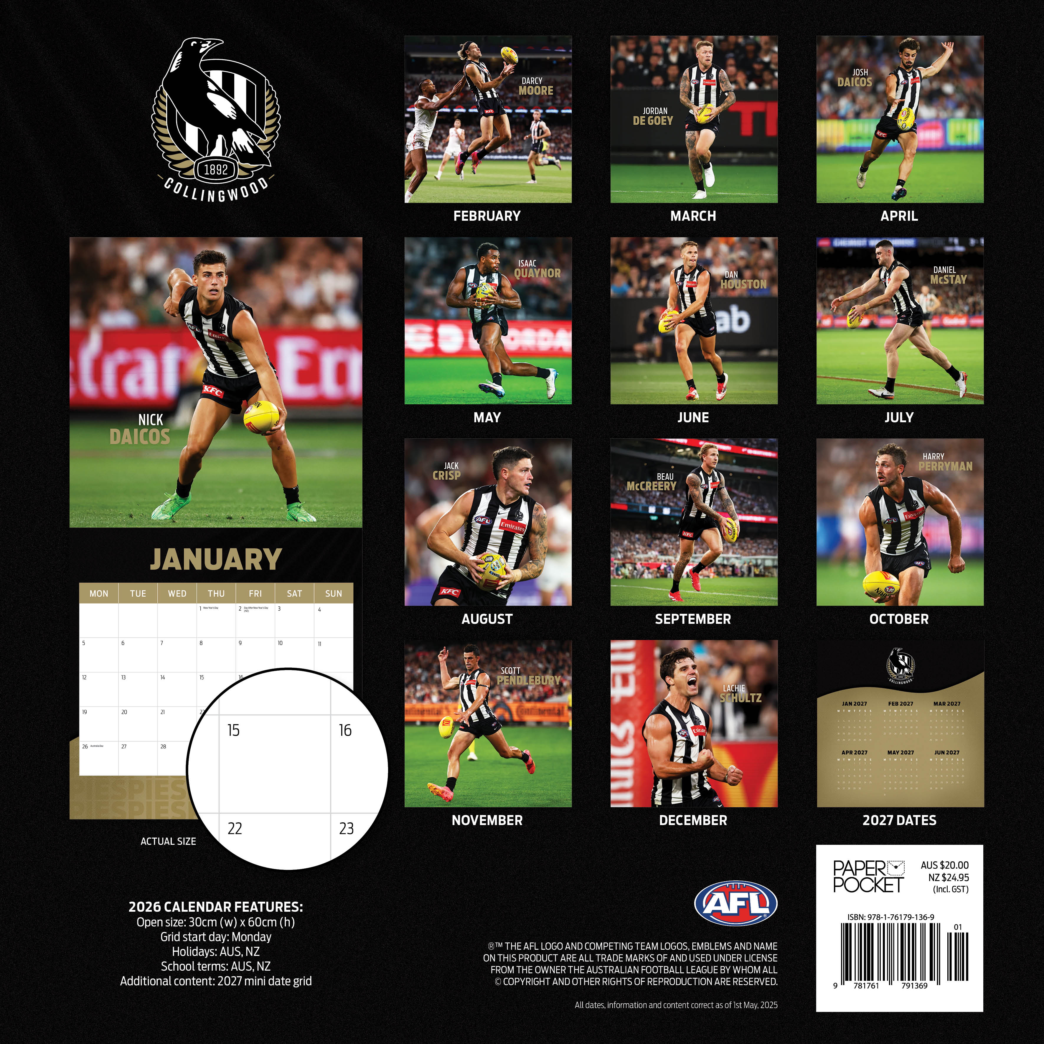 2026 AFL Collingwood Magpies - Square Wall Calendar