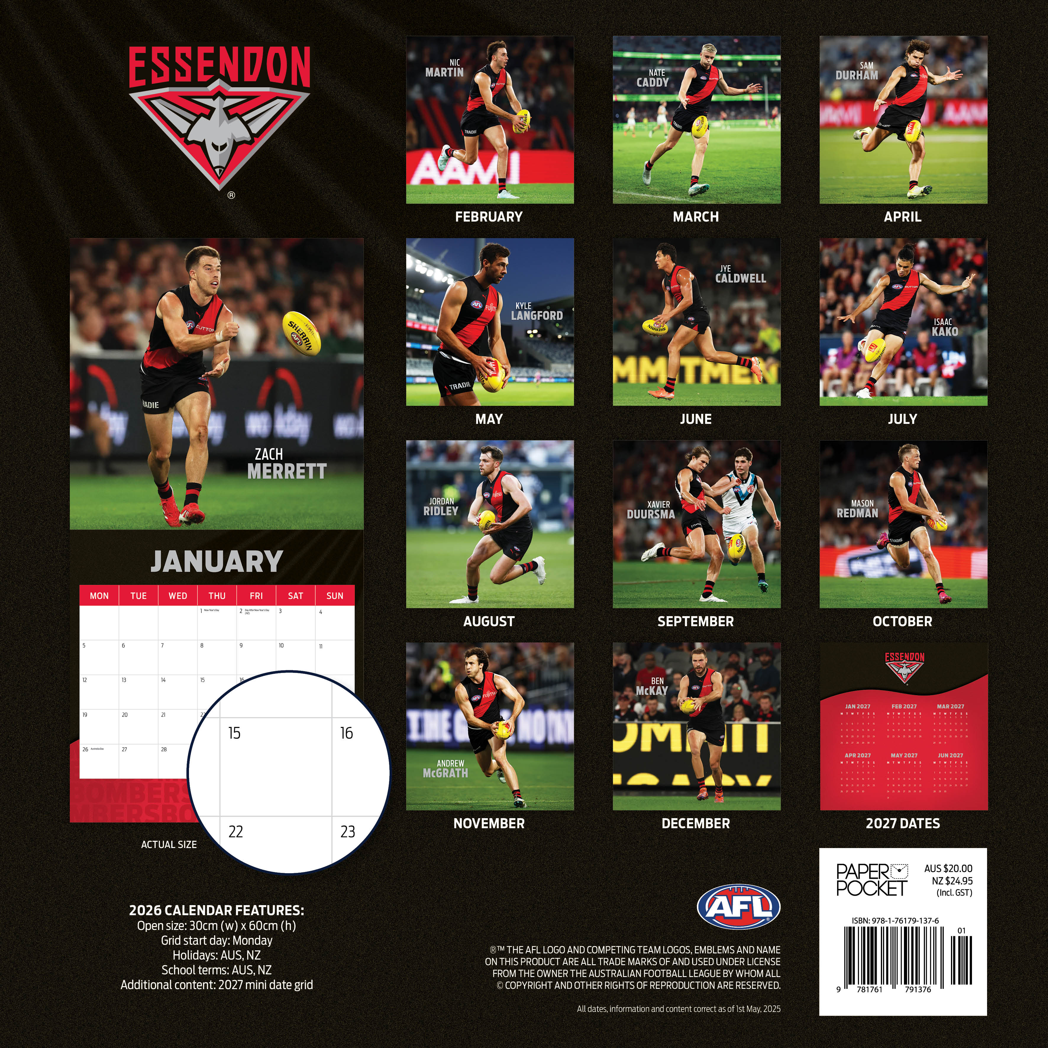 2026 AFL Essendon Bombers - Square Wall Calendar