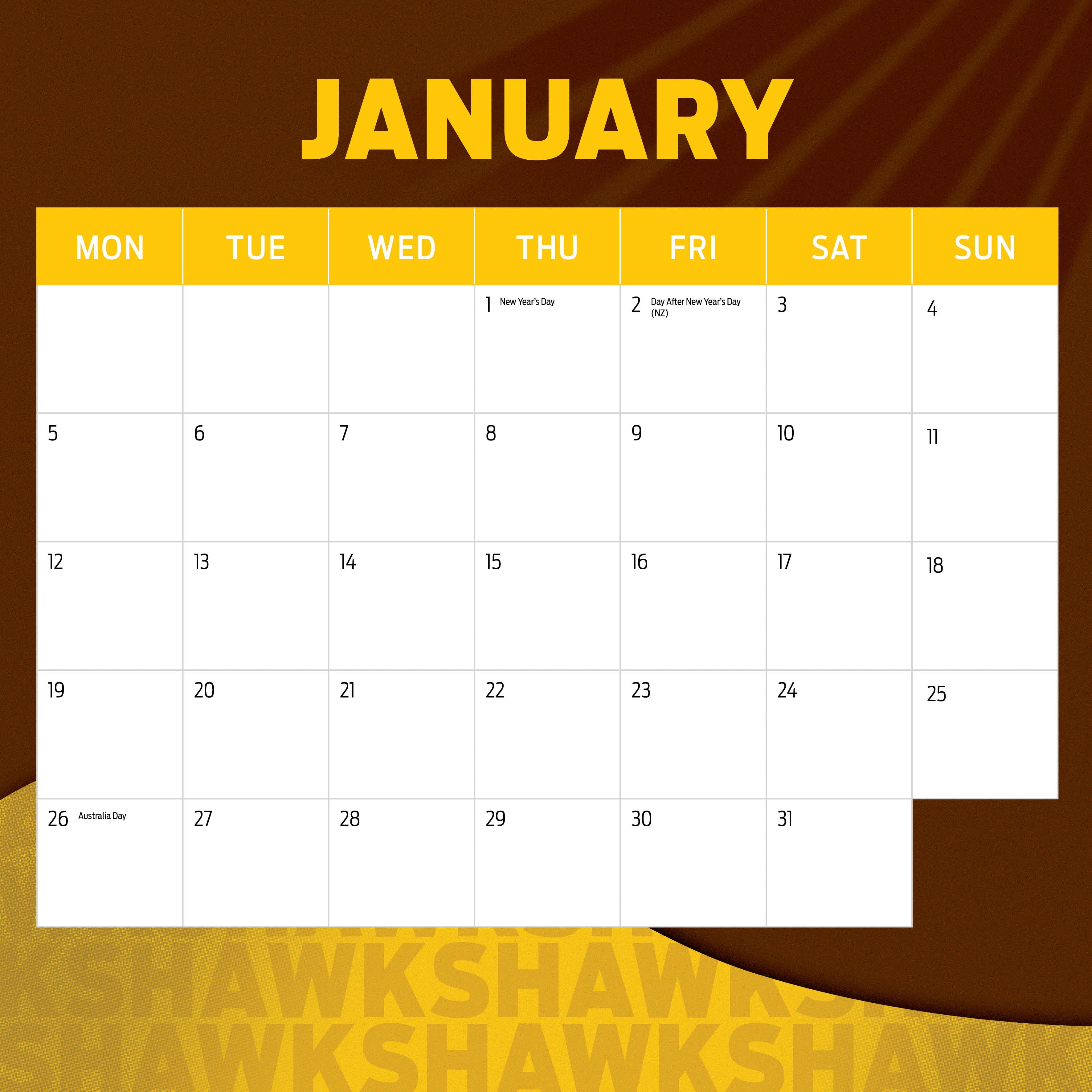 2026 AFL Hawthorn Hawks - Square Wall Calendar