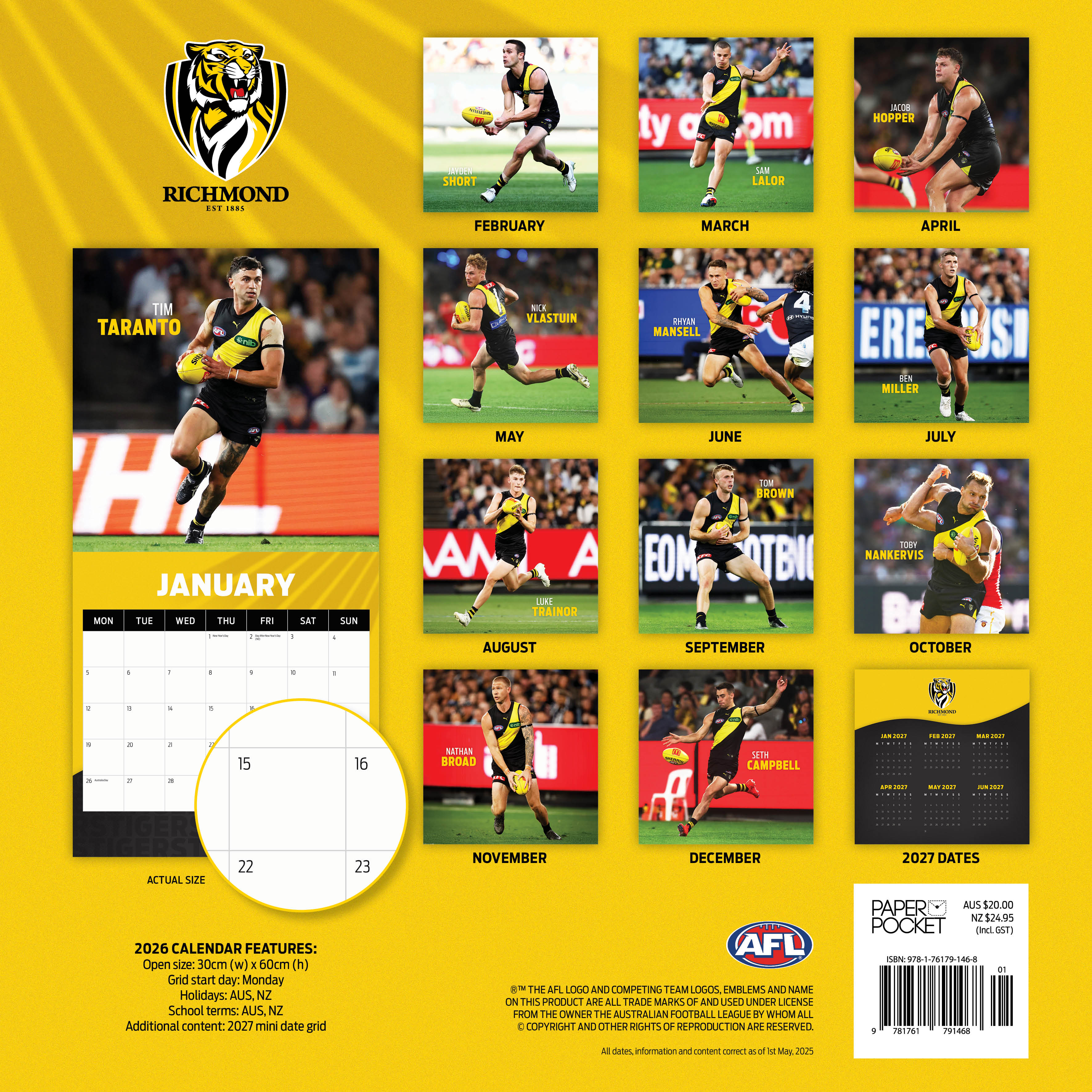 2026 AFL Richmond Tigers - Square Wall Calendar