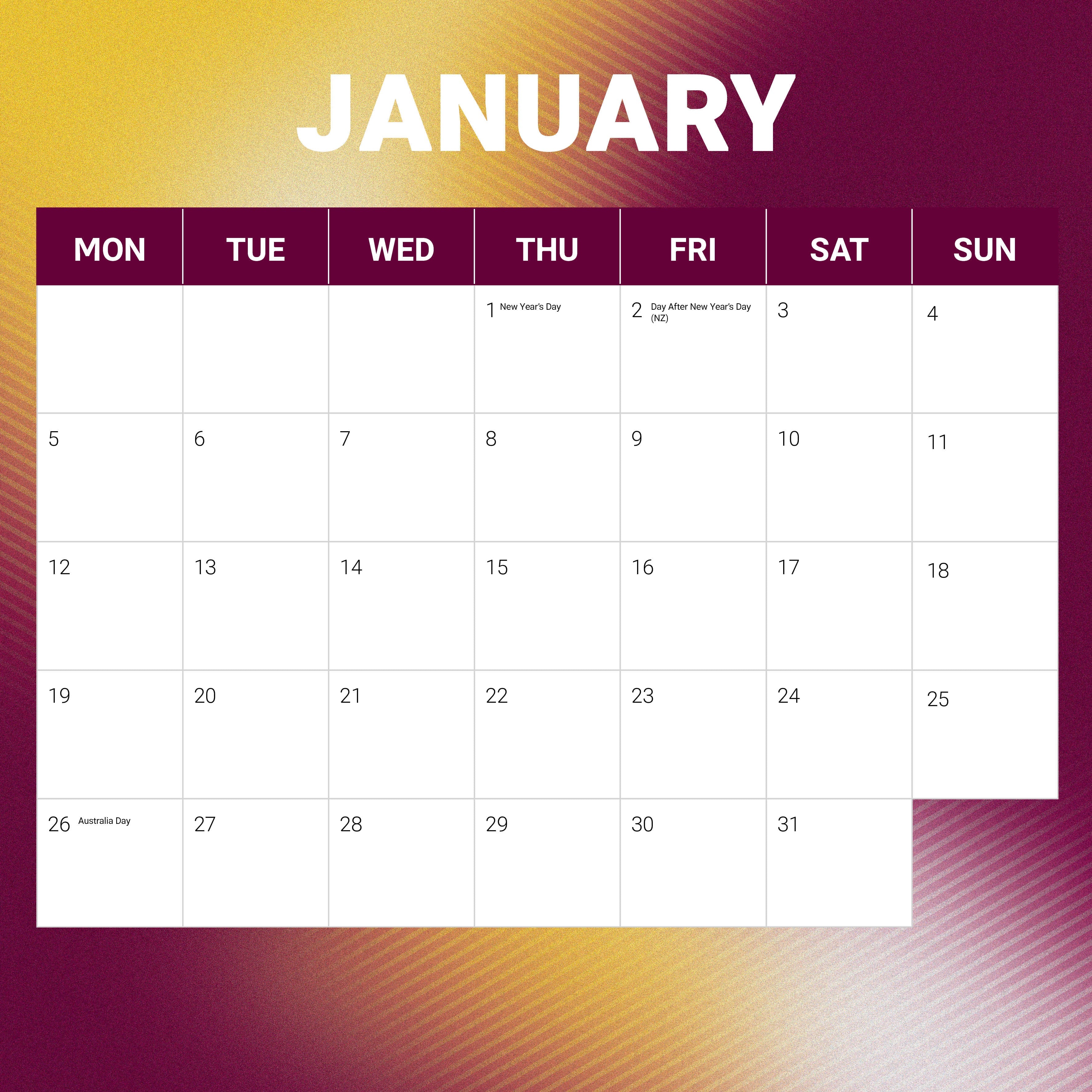 2026 NRL Brisbane Broncos - Square Wall Calendar