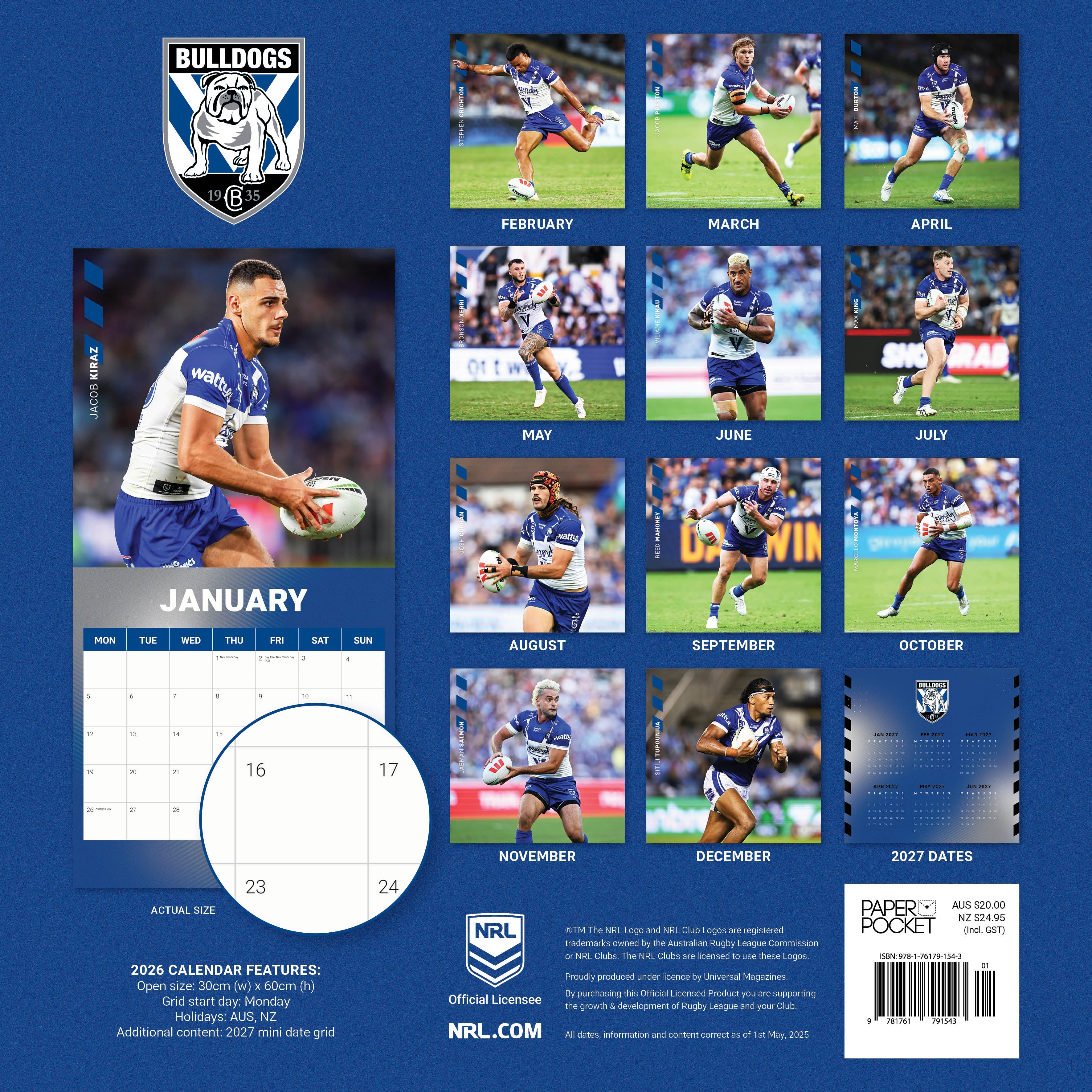 2026 NRL Canterbury - Bankstown Bulldogs - Square Wall Calendar