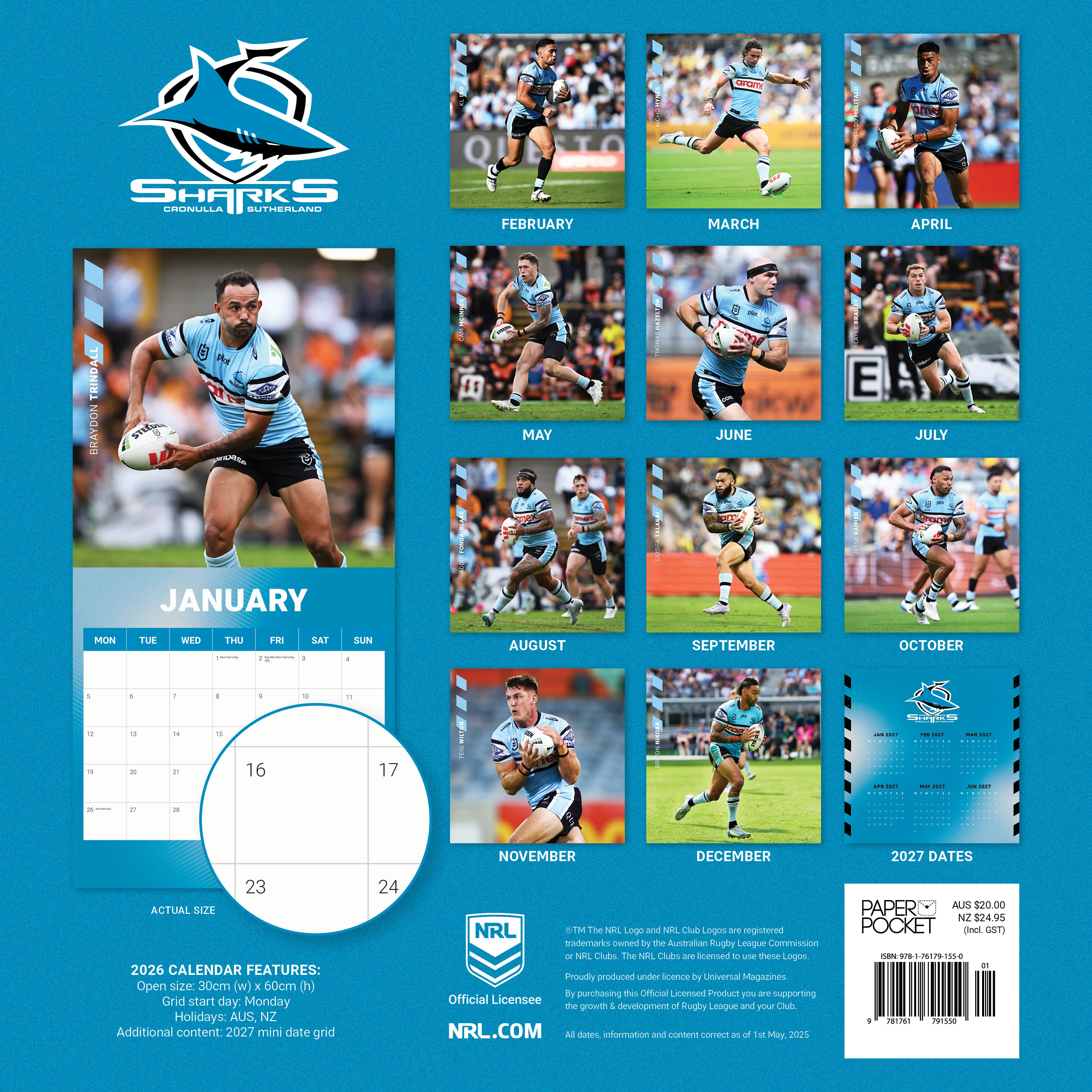 2026 NRL Cronulla Sharks - Square Wall Calendar