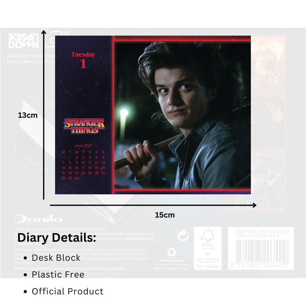 Stranger Things 2027 desk block calendar dimensions, 15 cm wide by 13 cm high