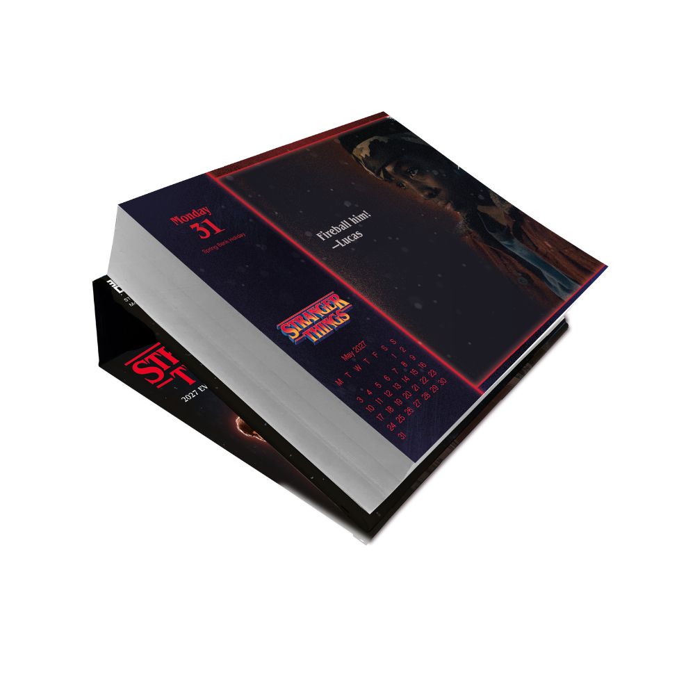 Stranger Things 2027 boxed desk calendar with Jonathan sample page and fold-out stand