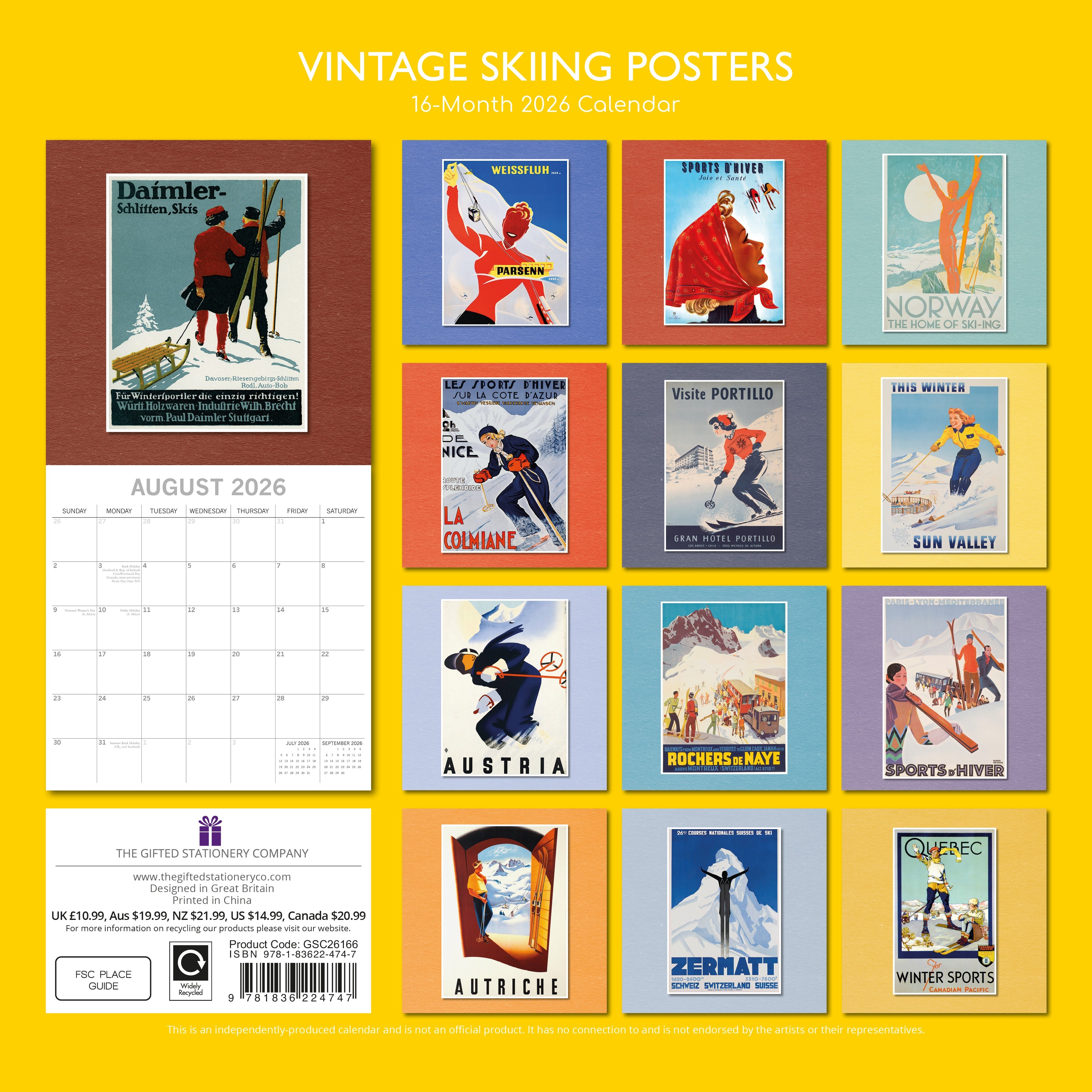 2026 Vintage Skiing Posters - Square Wall Calendar