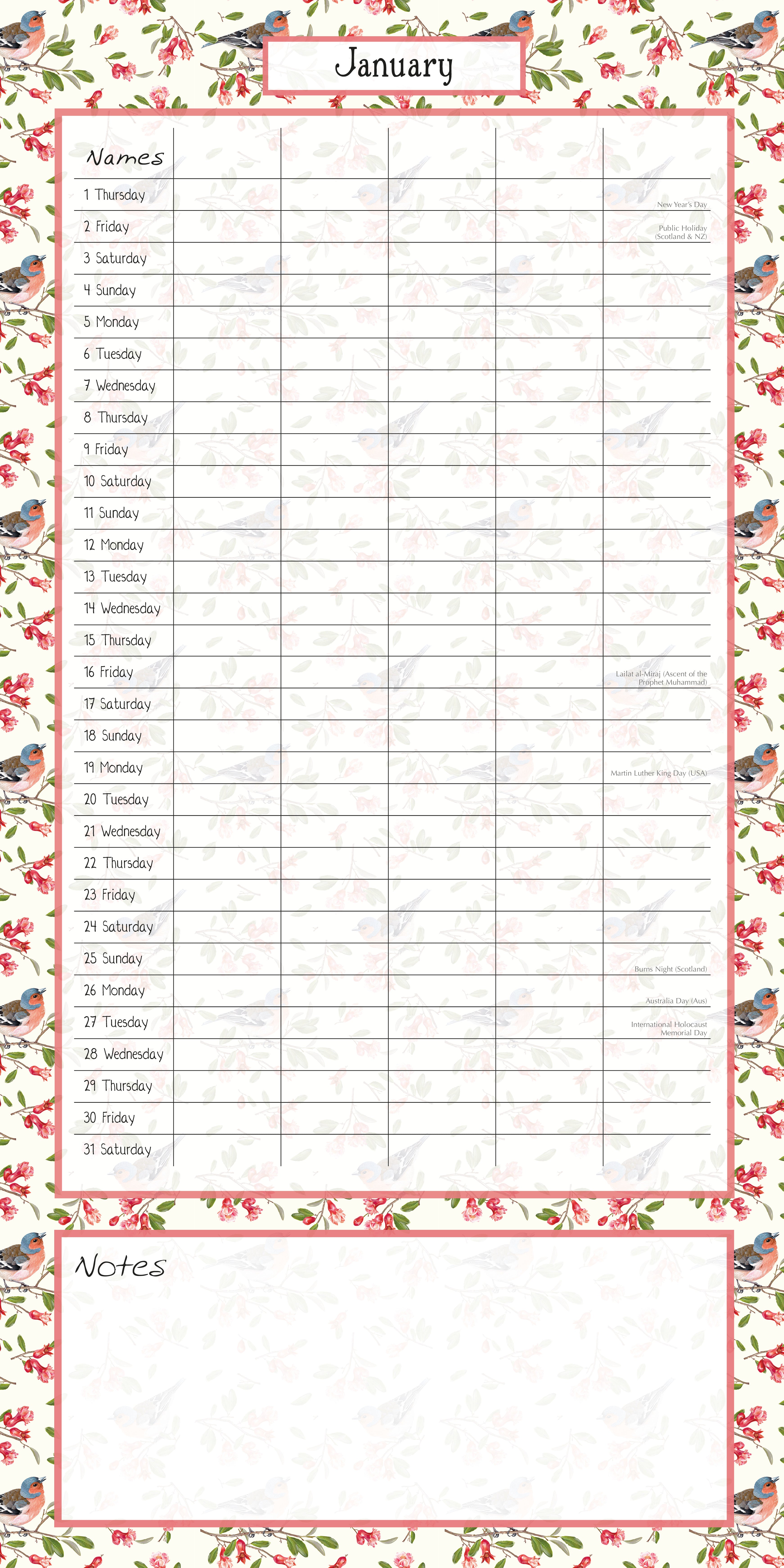 2026 Birdsong Family Organiser - Square Wall Calendar