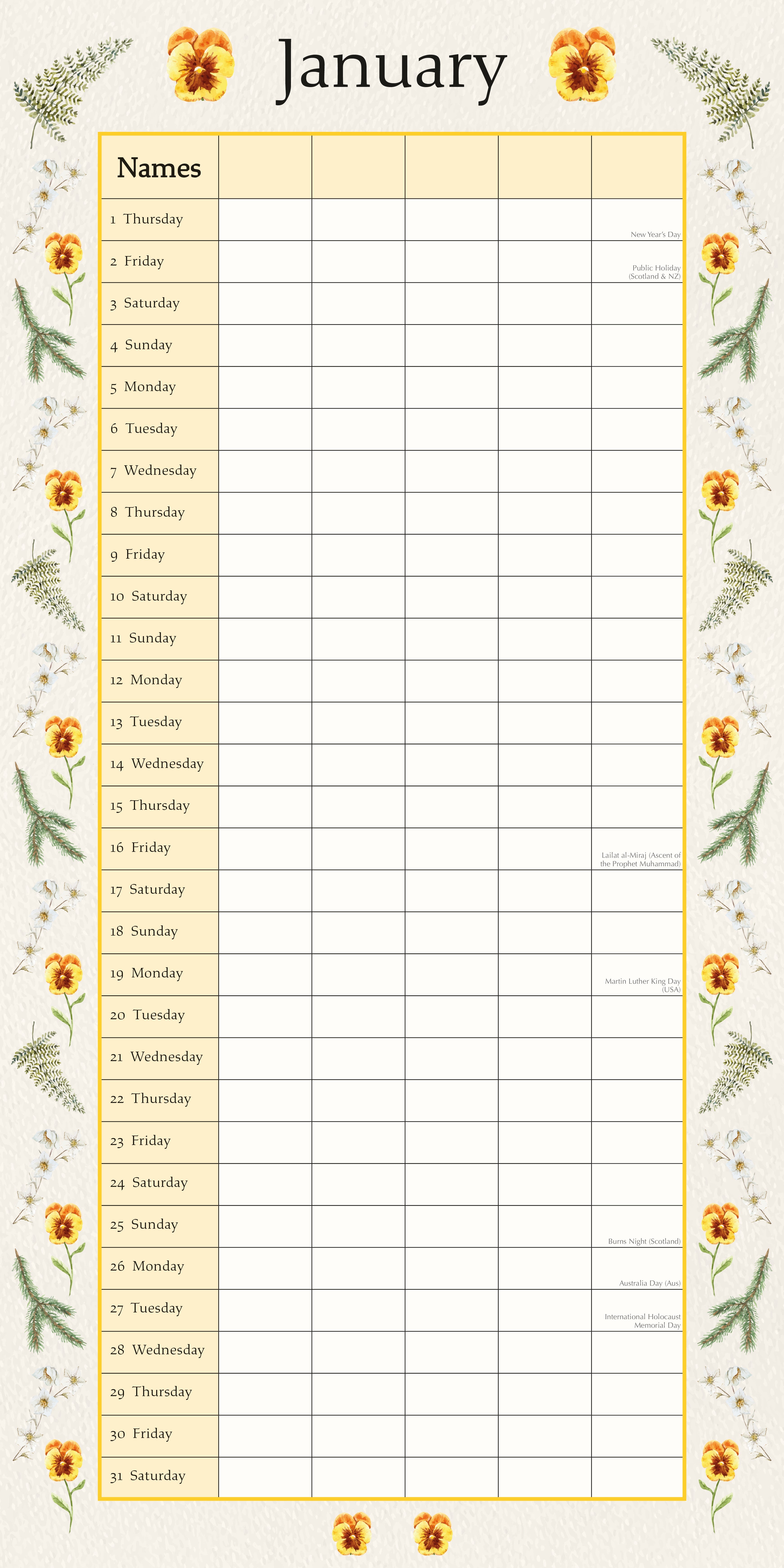 2026 Floral Family Organiser - Square Wall Calendar