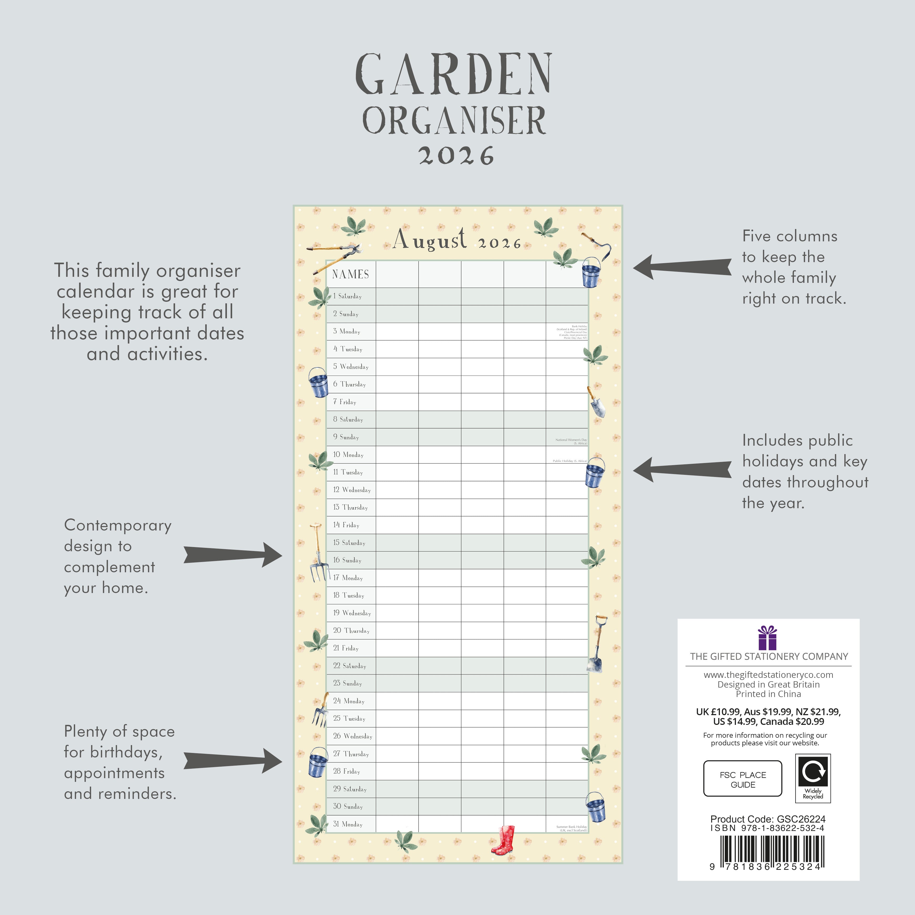 2026 Garden Organiser - Square Wall Calendar
