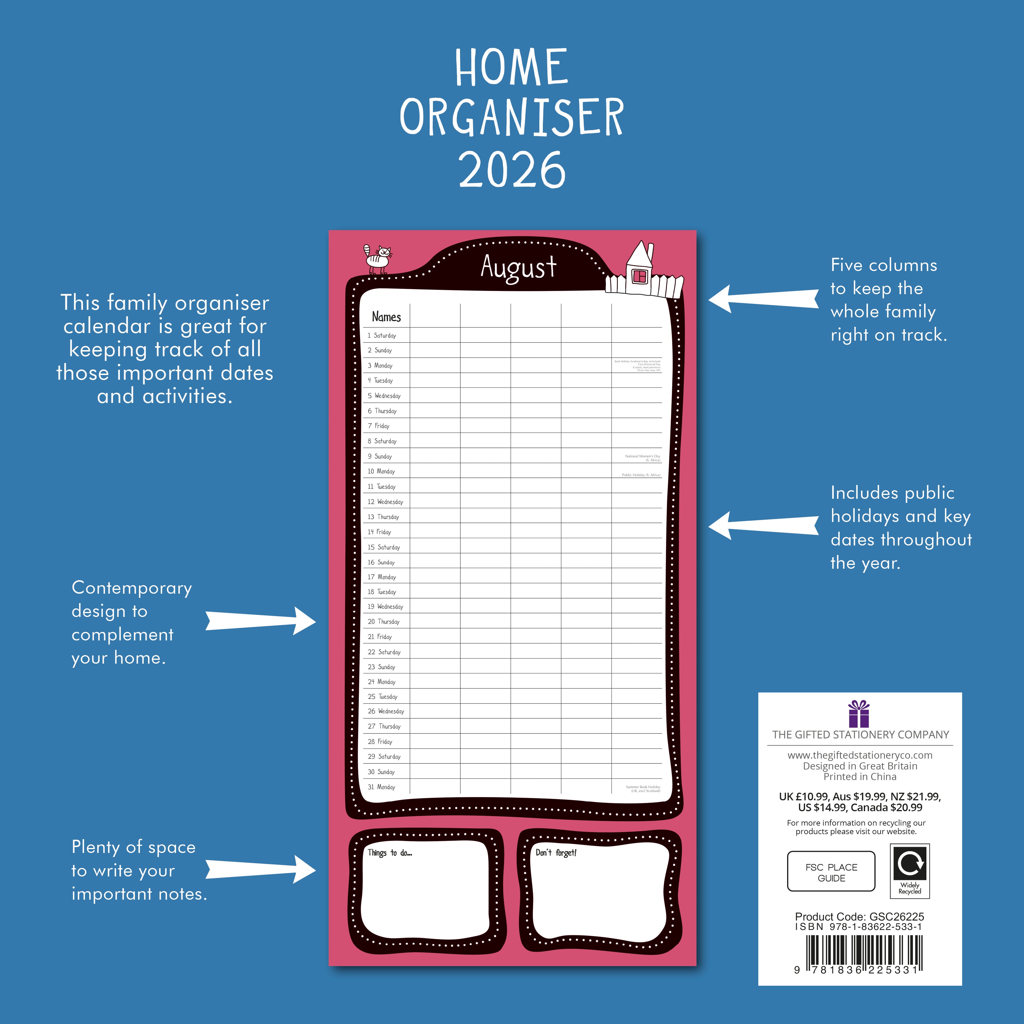 2026 Home Organiser - Square Wall Calendar