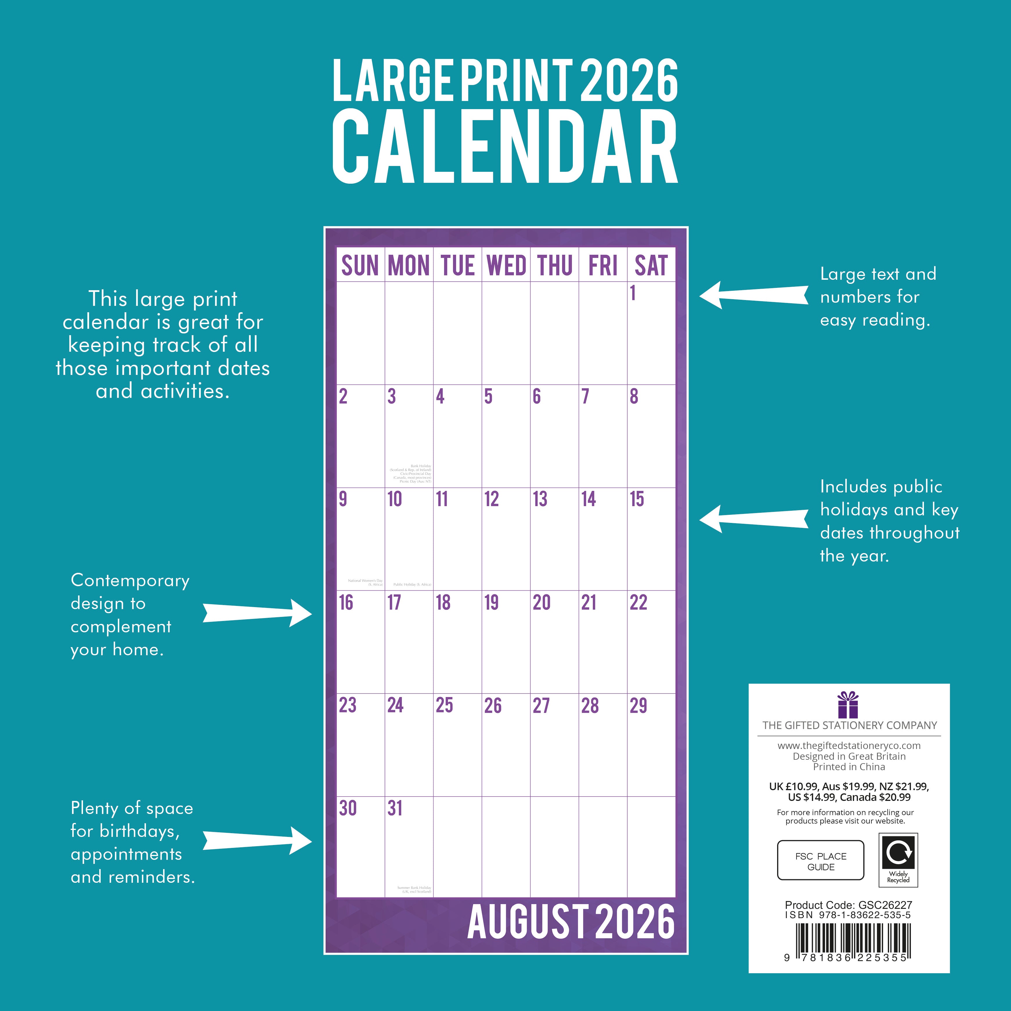 2026 Large Print Calendar - Square Wall Calendar
