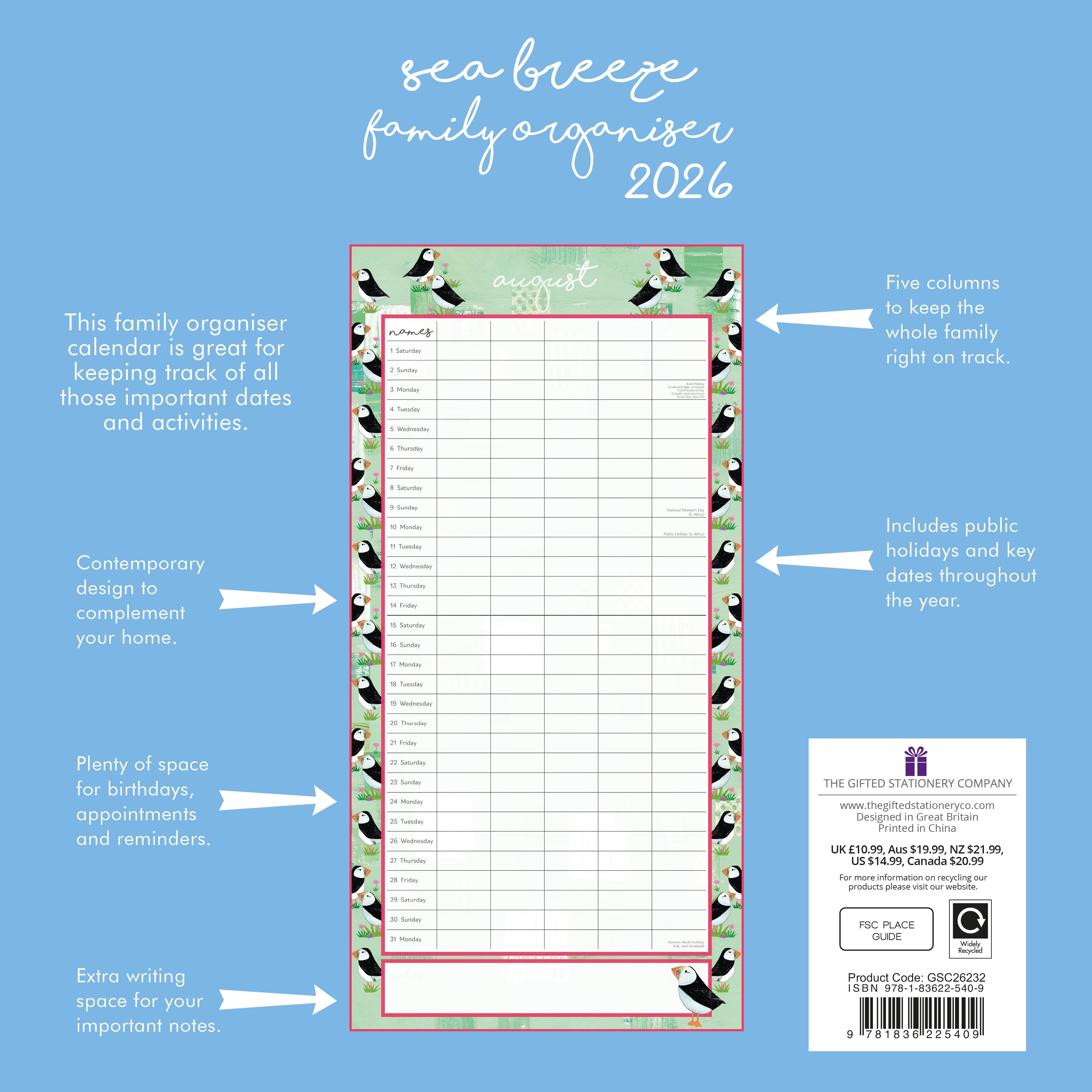 2026 Sea Breeze Family Organiser - Square Wall Calendar