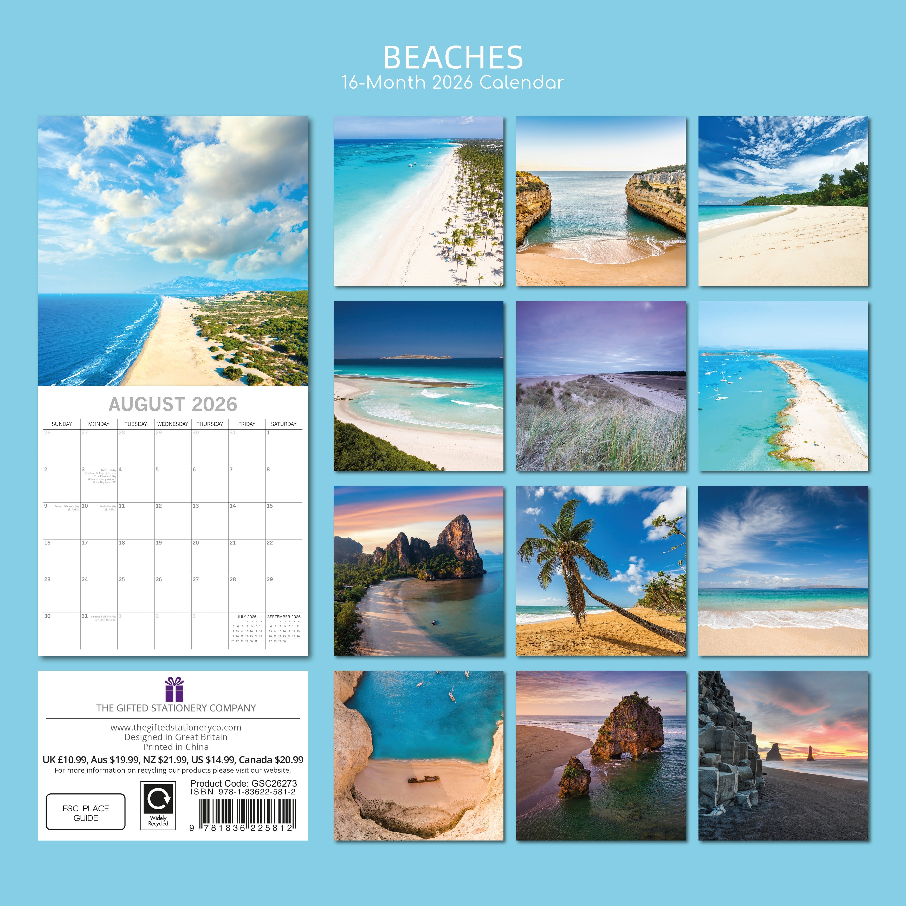 2026 Beaches - Square Wall Calendar
