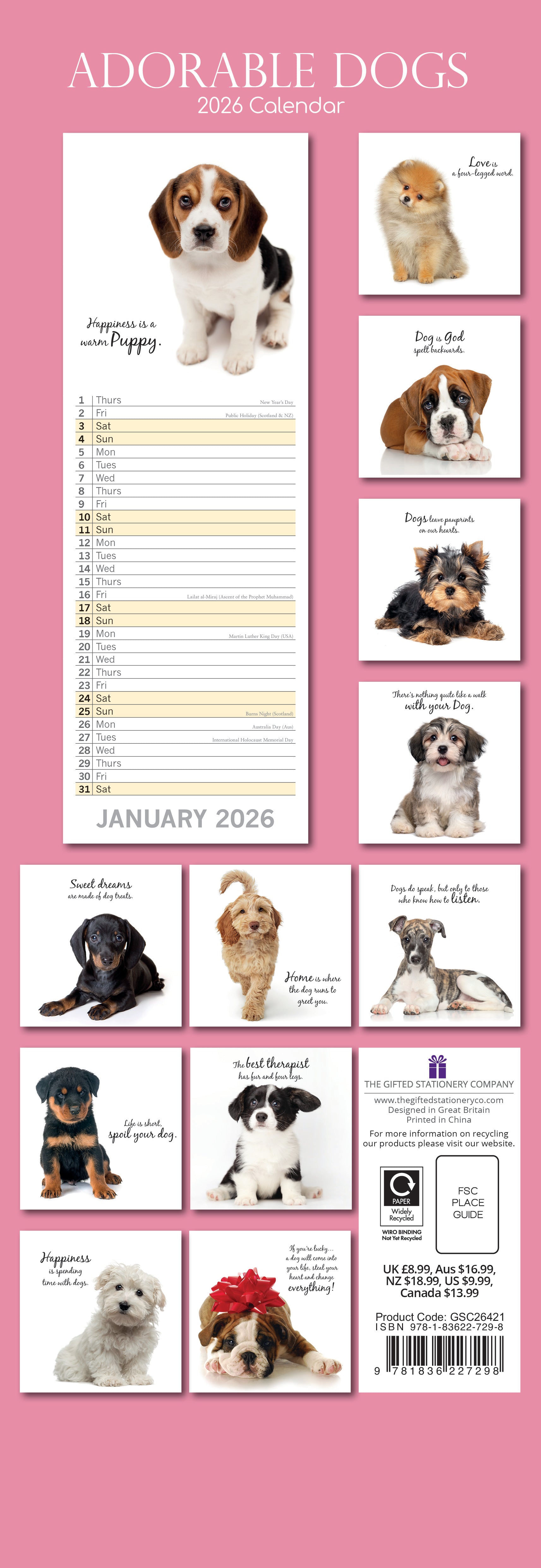 2026 Adorable Dogs - Slim Wall Calendar