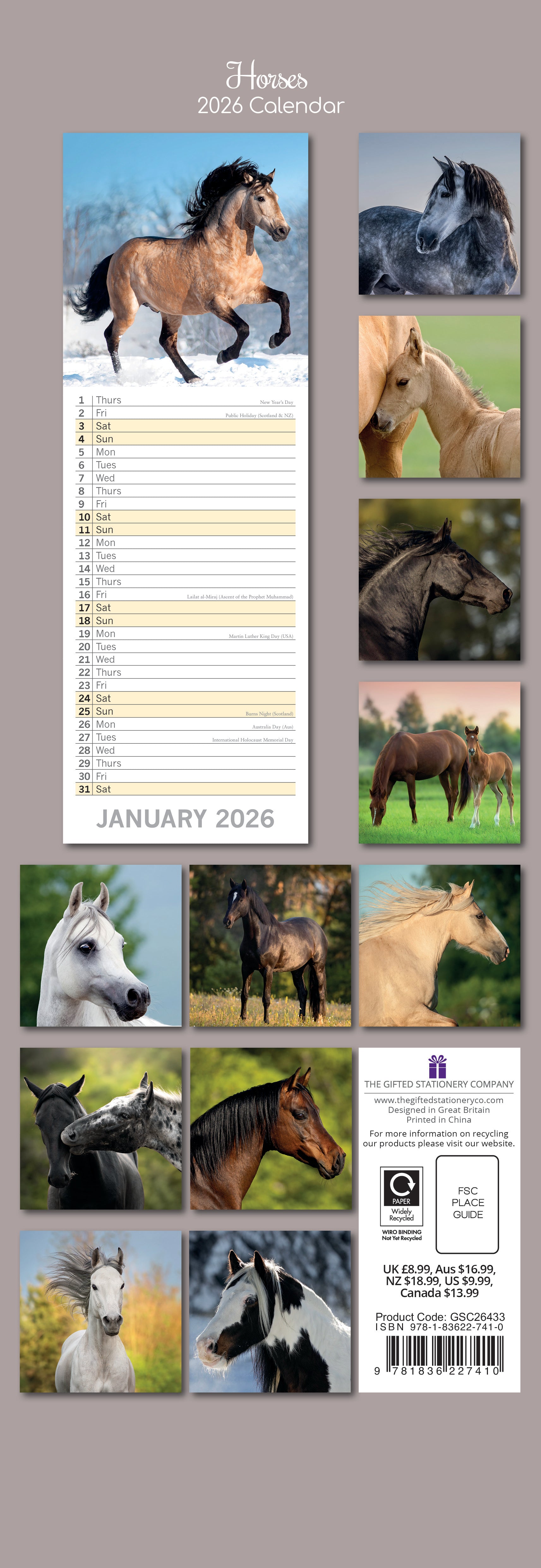 2026 Horses - Slim Wall Calendar