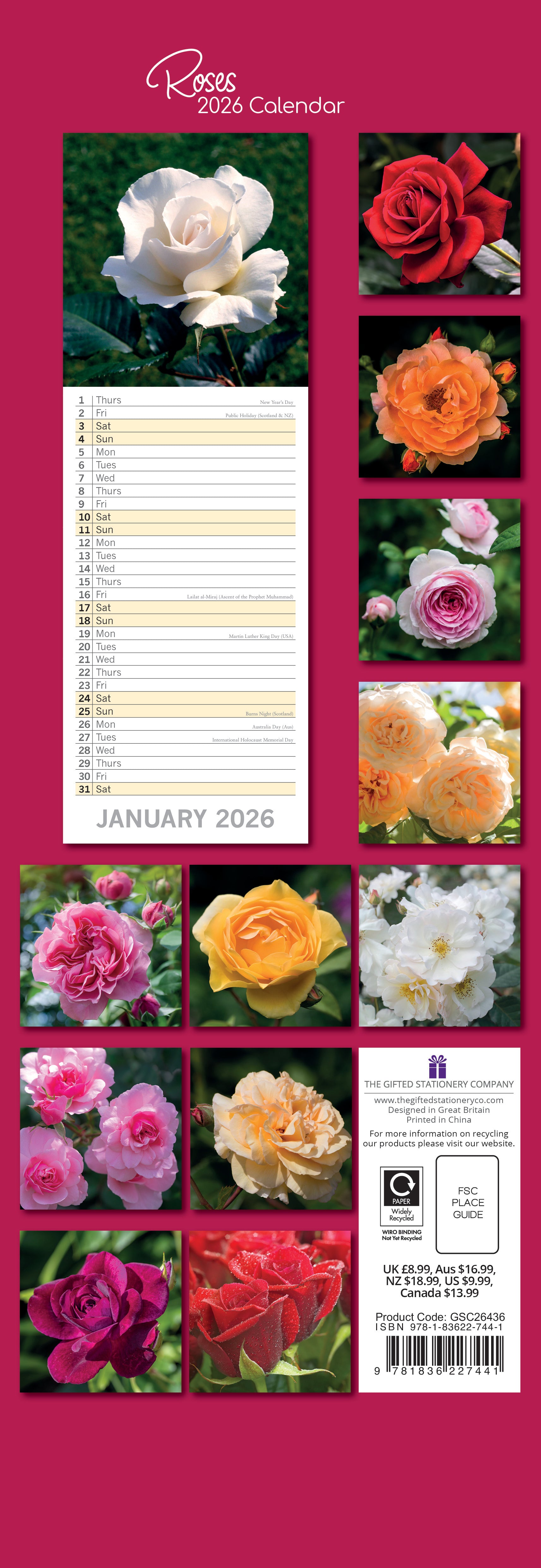 2026 Roses - Slim Wall Calendar