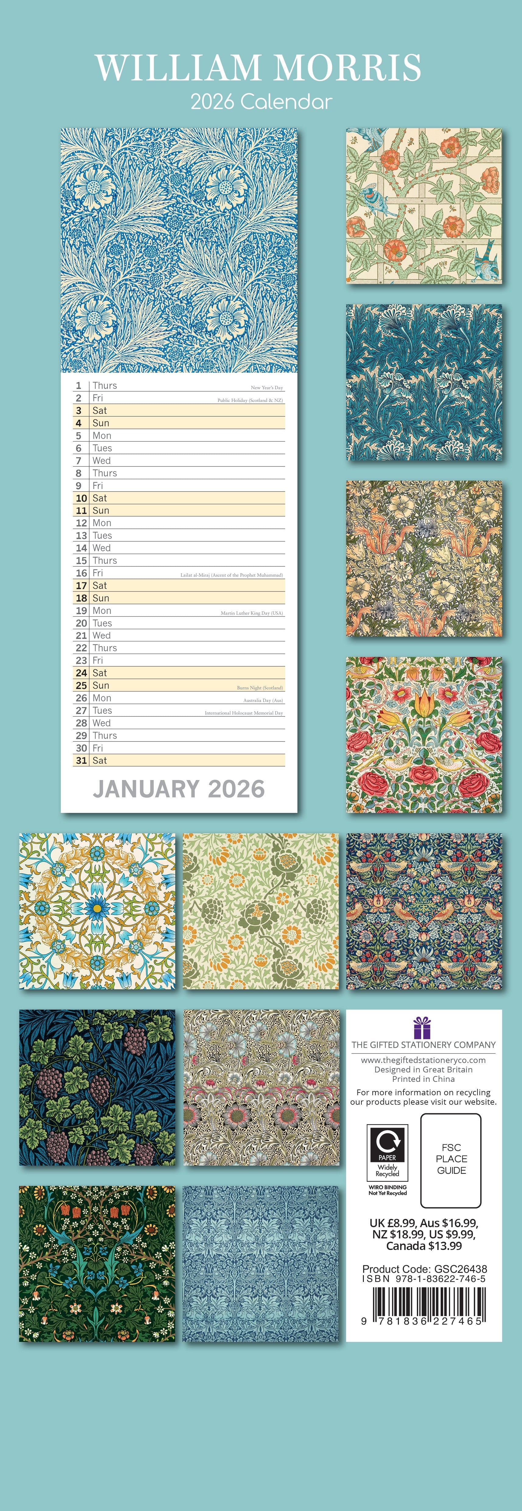 2026 William Morris - Slim Wall Calendar